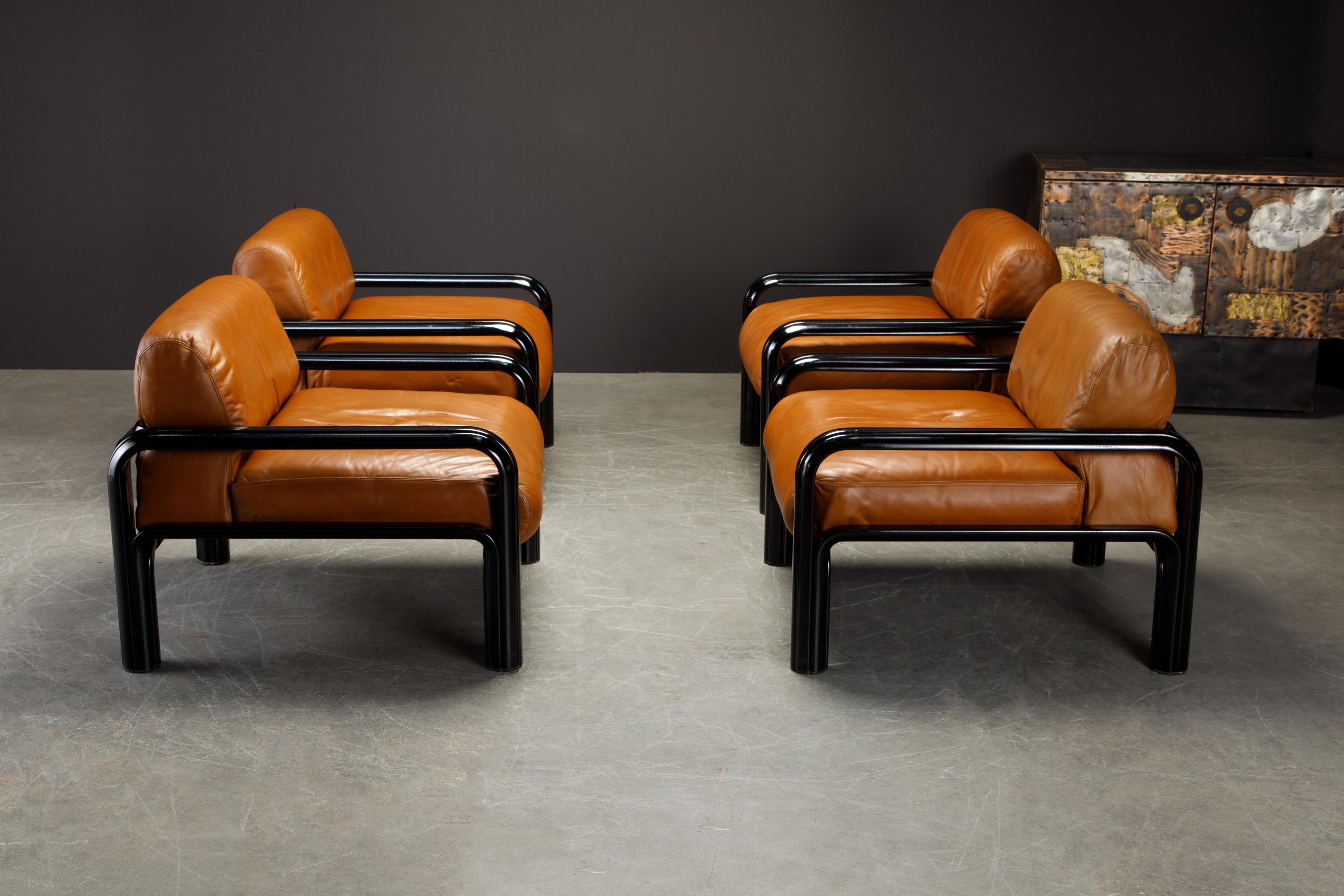 Lacquered Set of 4 Gae Aulenti Leather and Steel Lounge Chairs for Knoll, Signed 1980