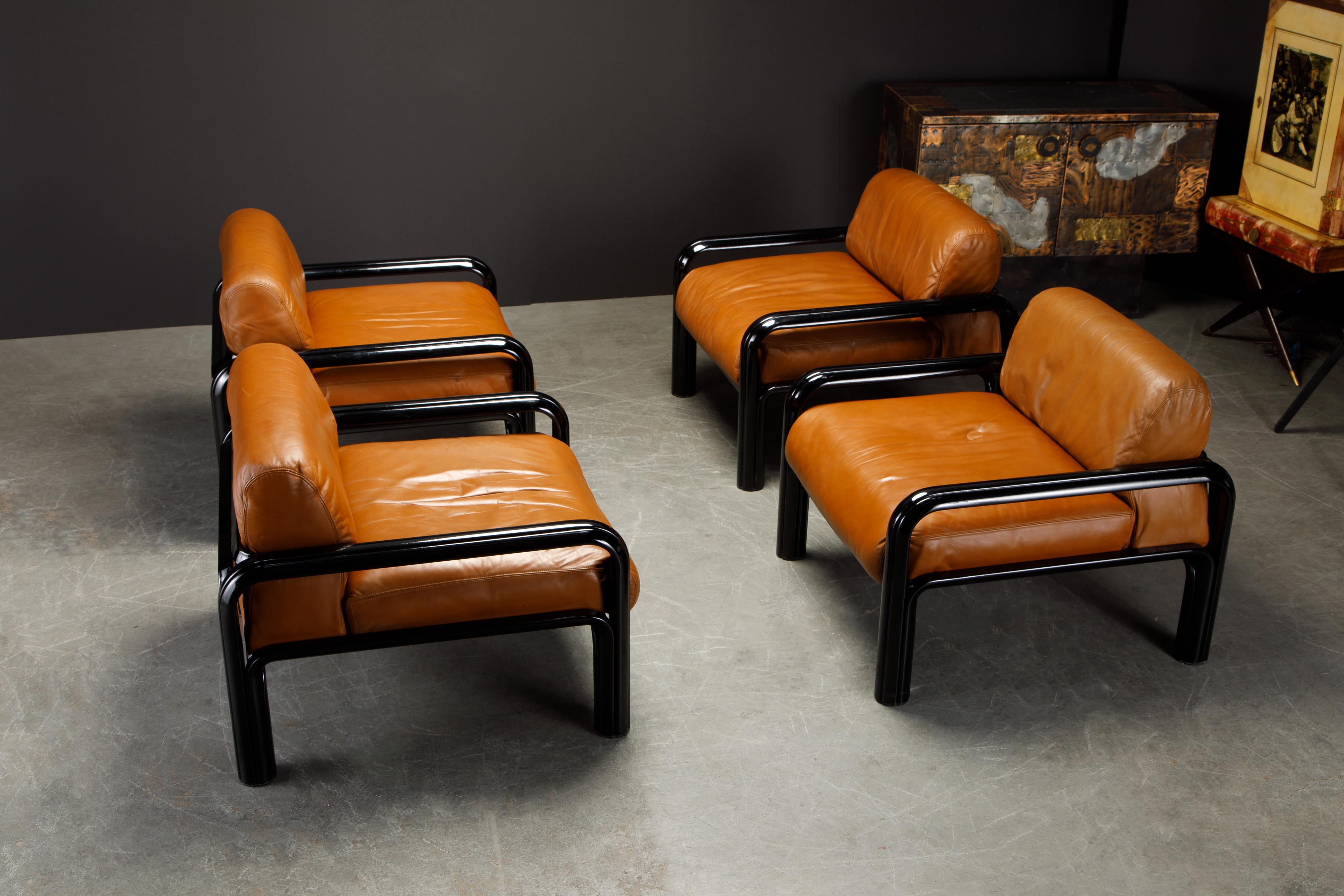 Set of 4 Gae Aulenti Leather and Steel Lounge Chairs for Knoll, Signed 1980 In Good Condition In Los Angeles, CA