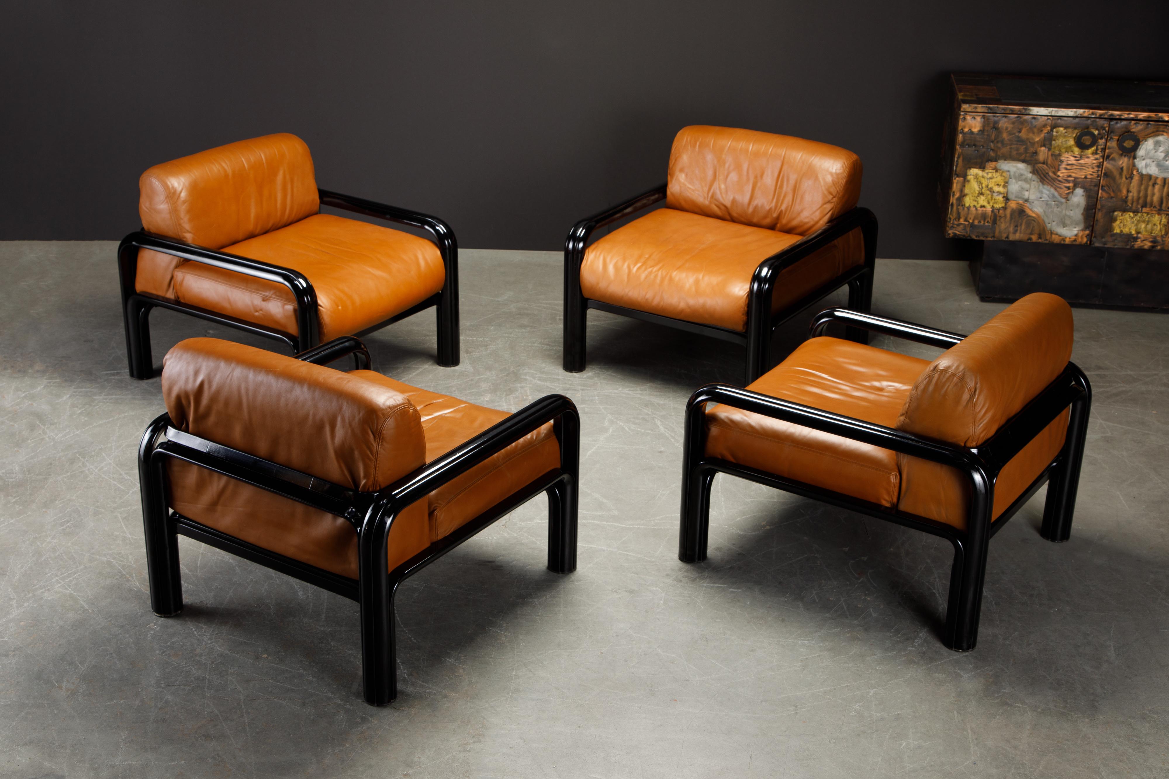 Late 20th Century Set of 4 Gae Aulenti Leather and Steel Lounge Chairs for Knoll, Signed 1980