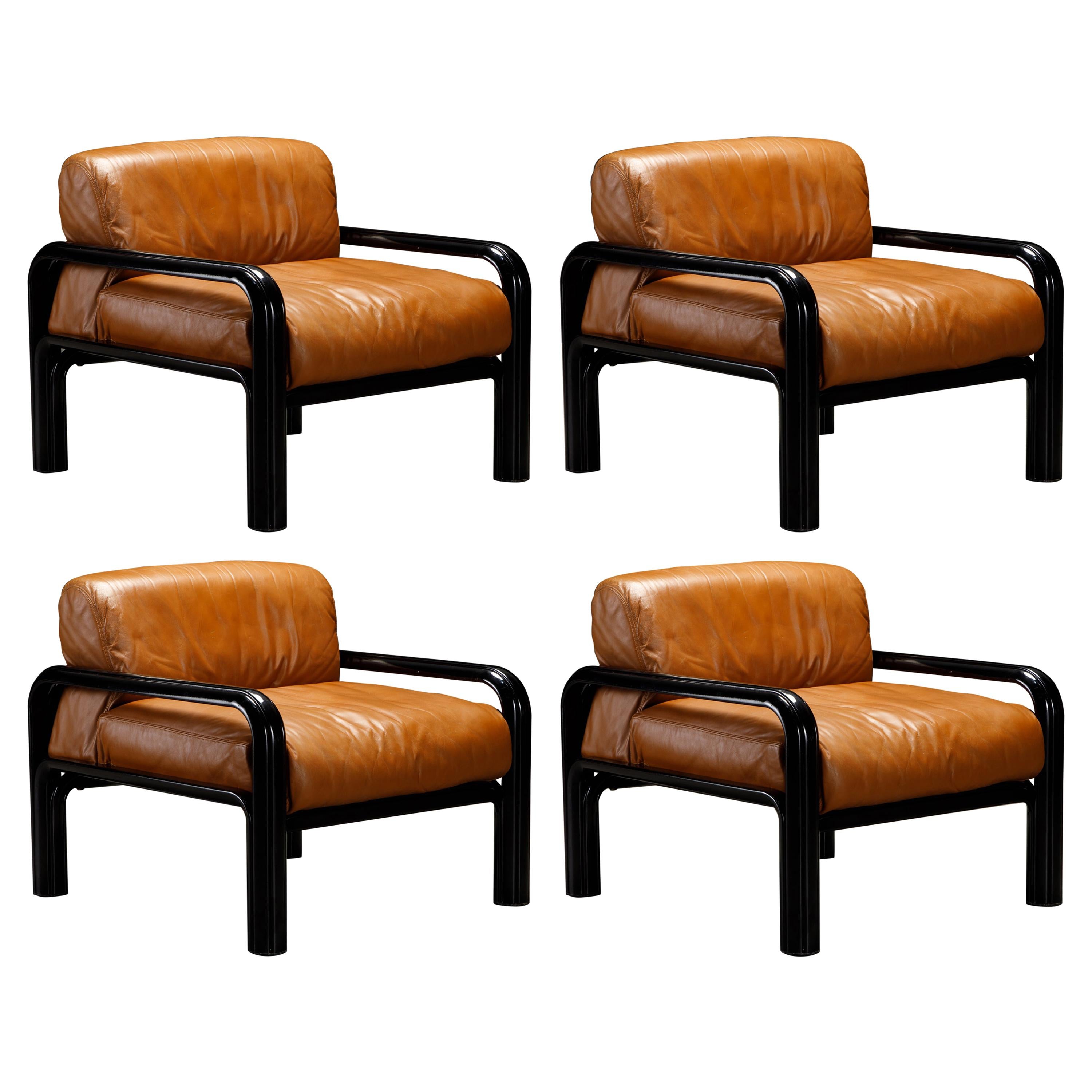 Set of 4 Gae Aulenti Leather and Steel Lounge Chairs for Knoll, Signed 1980