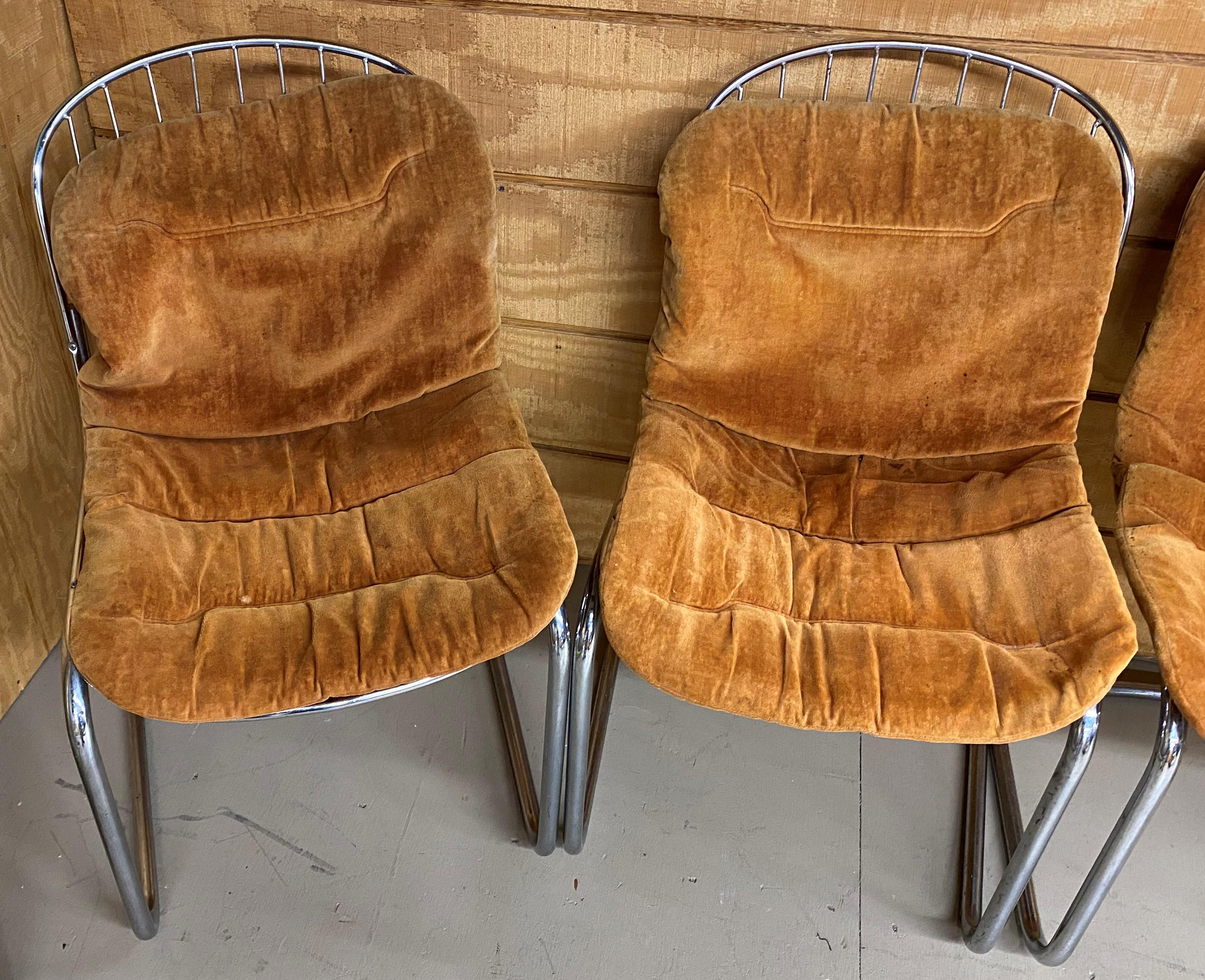 Mid-Century Modern Set of 4 Gastone Rinaldi Chrome Dining Chairs with Original Cushions circa 1970s