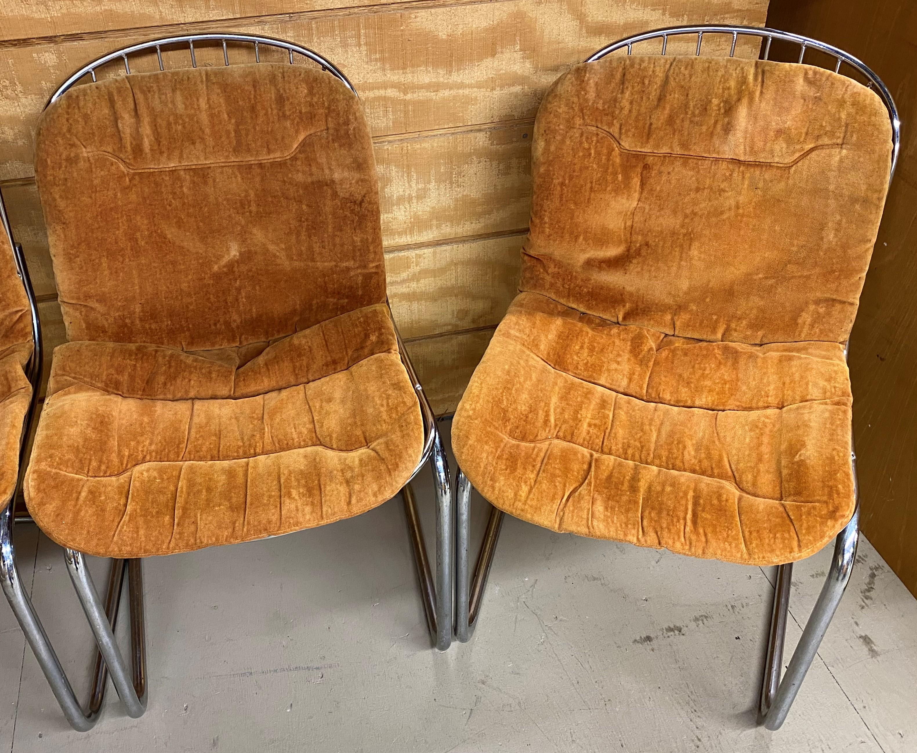 Italian Set of 4 Gastone Rinaldi Chrome Dining Chairs with Original Cushions circa 1970s