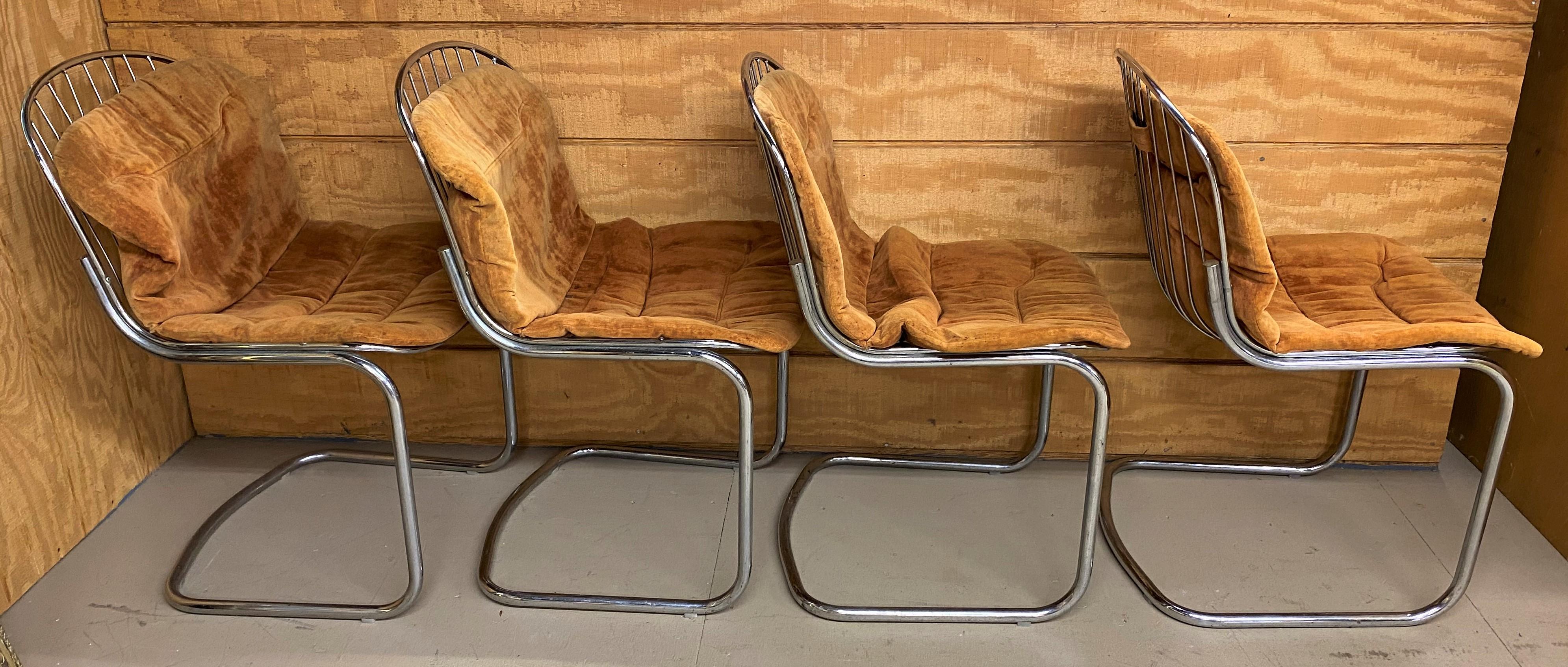 Plated Set of 4 Gastone Rinaldi Chrome Dining Chairs with Original Cushions circa 1970s