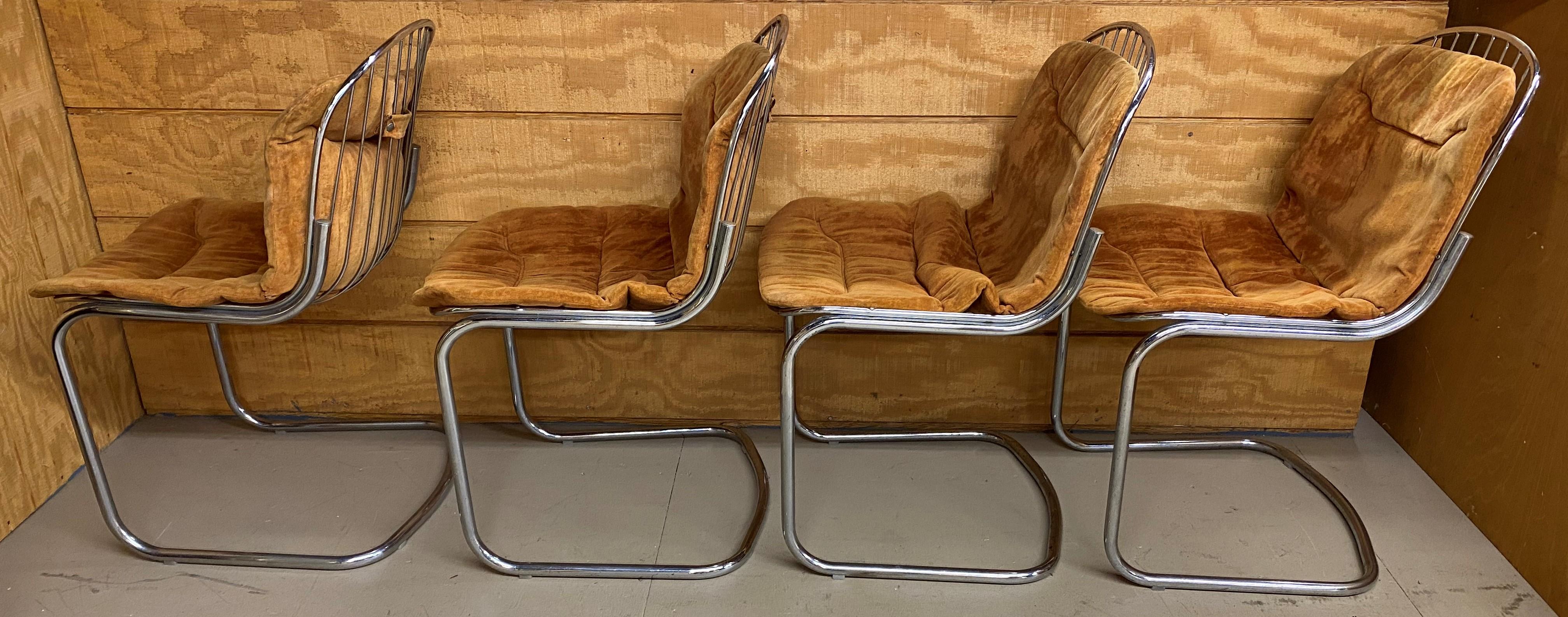 Plated Set of 4 Gastone Rinaldi Chrome Dining Chairs with Original Cushions circa 1970s