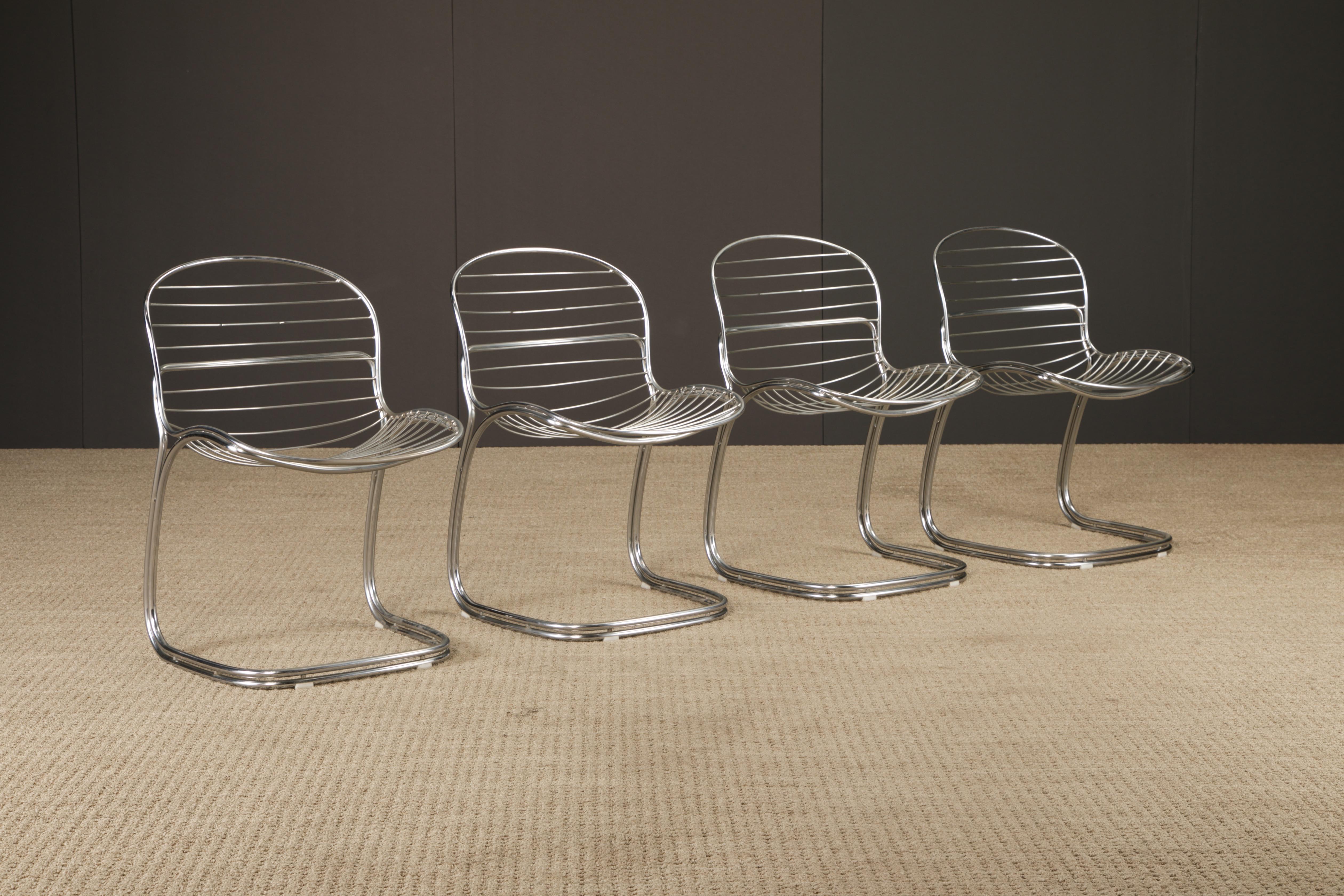 Designed by Gastone Rinaldi for RIMA in the 1970s, this set of four Space Age chromed steel chairs epitomizes Italian modernism at its sleekest. With fluid cantilevered frames and sculptural wire-form seats, these chairs reflect Rinaldi’s