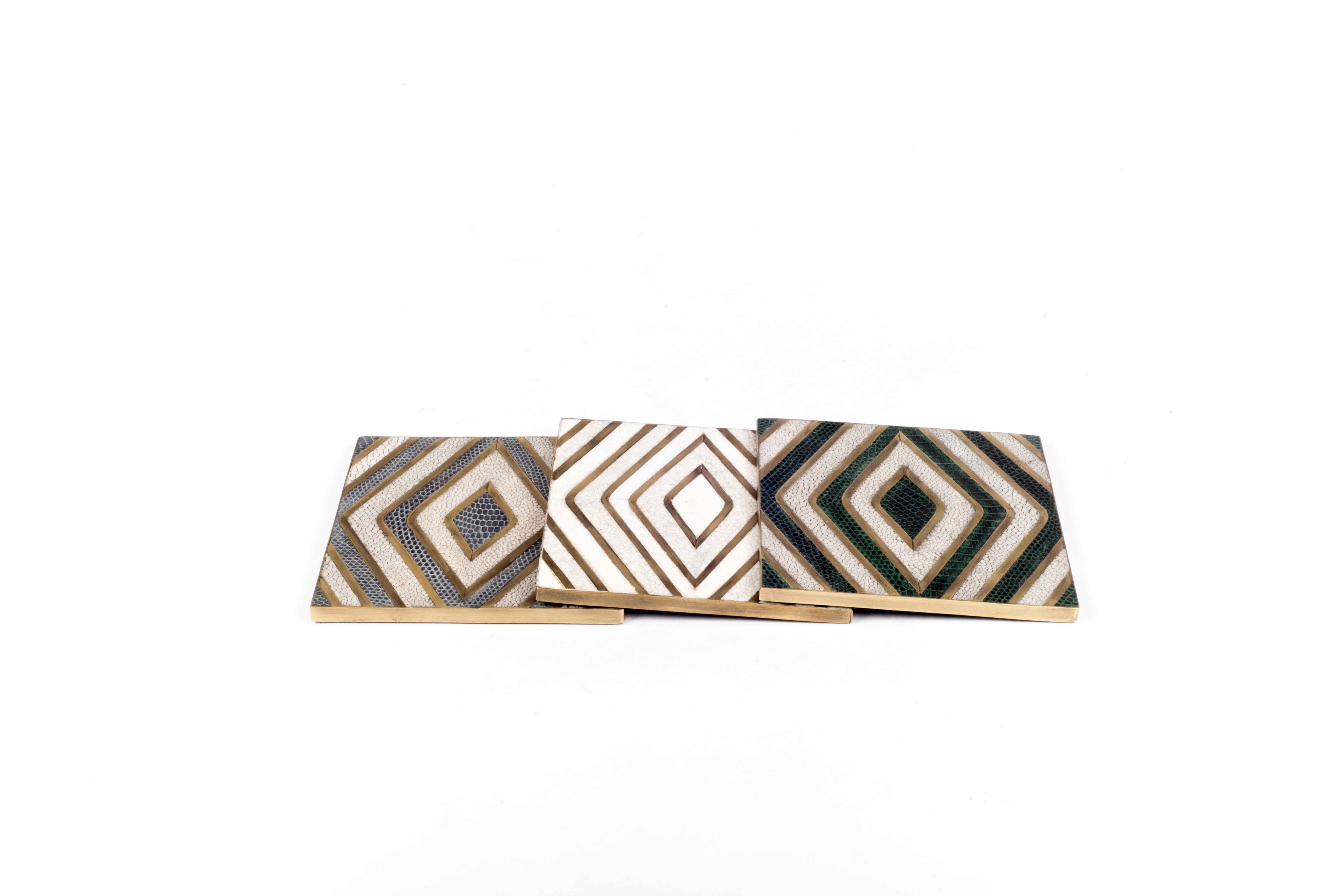 Hand-Crafted Set of 4 Geometric Coasters Inlaid in Shagreen, Shell and Brass by Kifu Paris For Sale