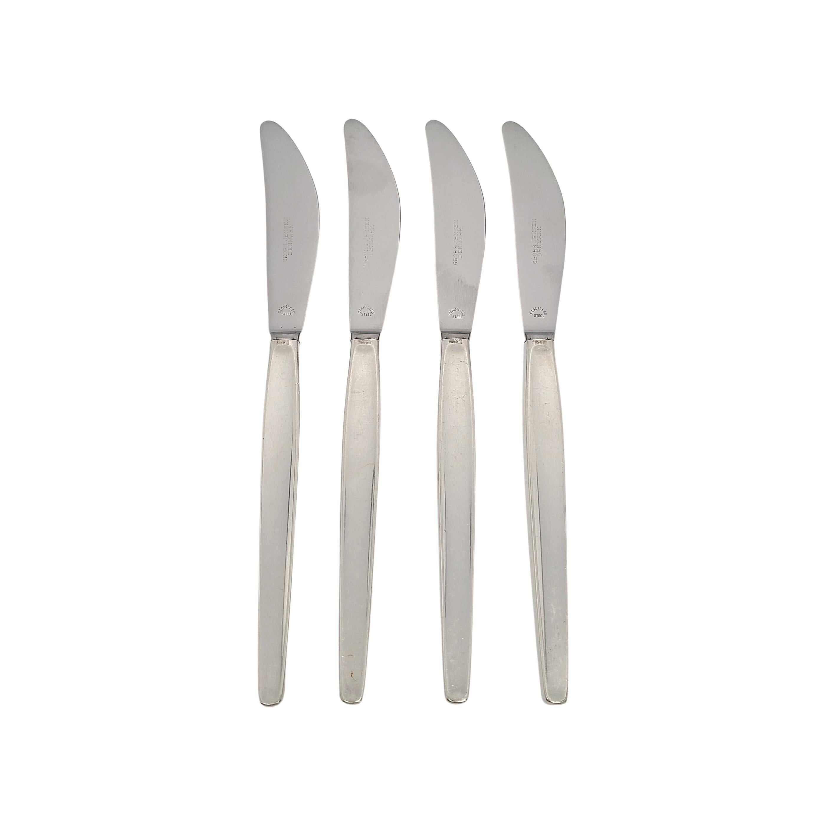 Set of 4 sterling silver dinner knives in the Cypress pattern by Georg Jensen

The Cypress pattern was designed by Tias Eckhoff in 1953 and won a gold medal for design in 1954. Its mid-century design is a timeless classic.

Measures approx 8 7/8