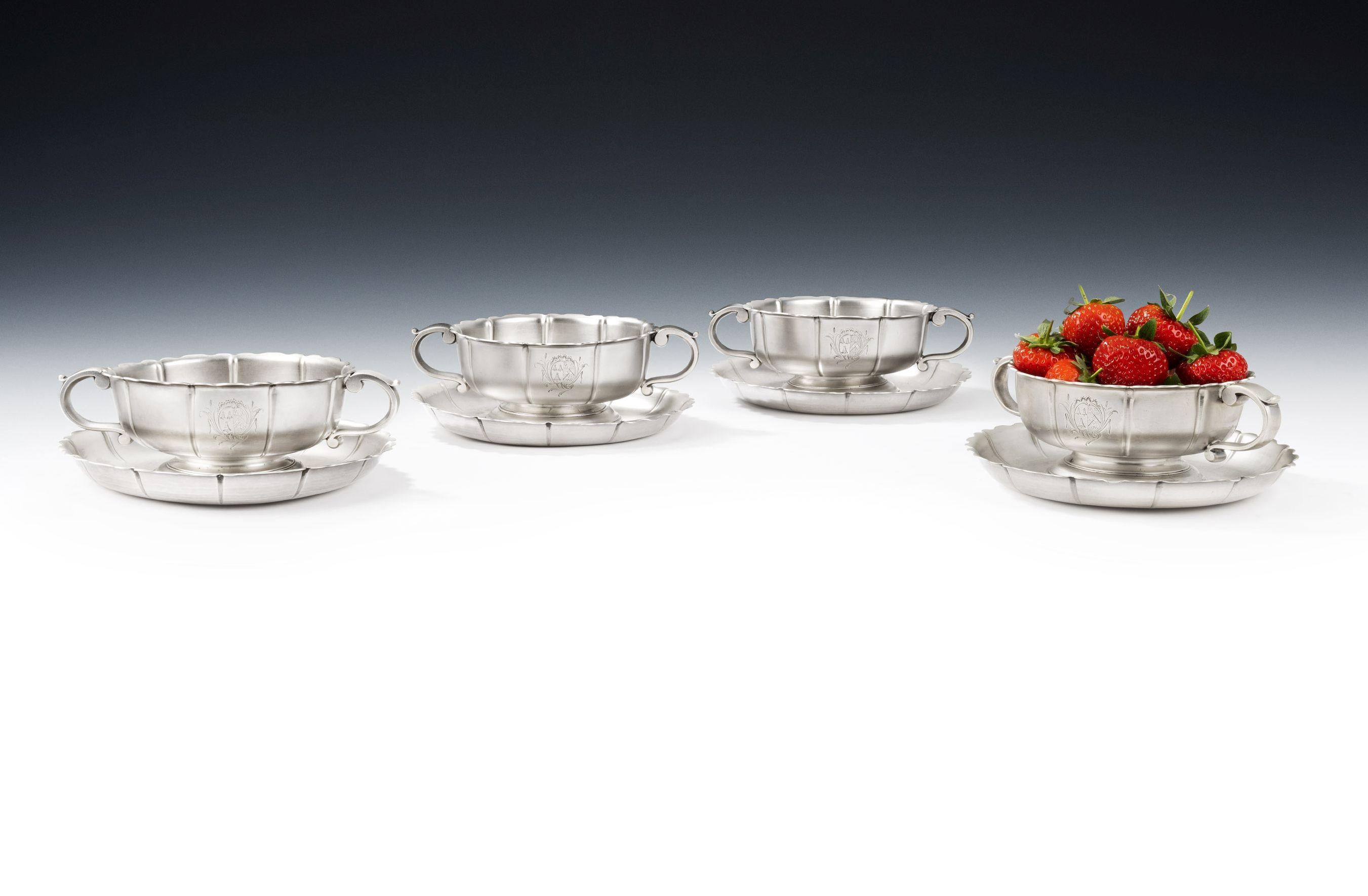 Silver Set of 4 George II Fruit Bowls & Stands Made in London by Samuel Herbert & Co. For Sale