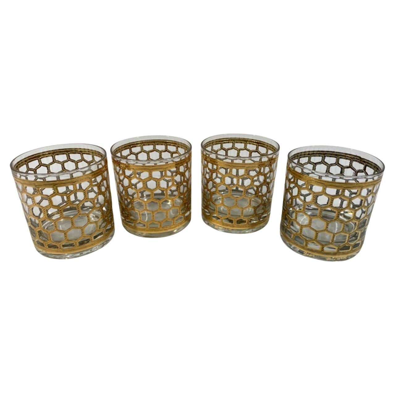 Set of 4 Georges Briard Rocks Glasses in the "Wire" Pattern in 22 Karat Gold For Sale