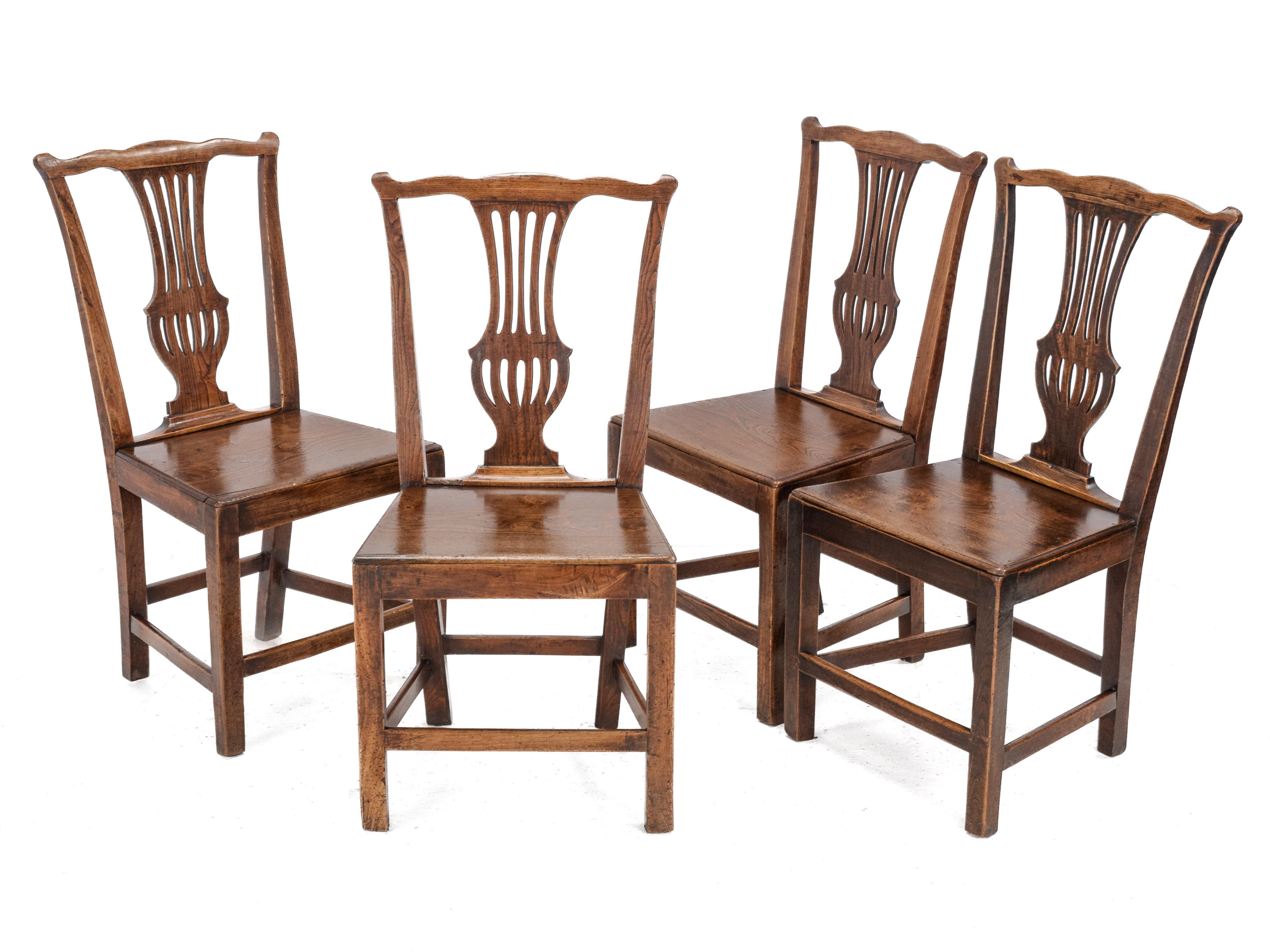 English Set of 4 Georgian Elm Chippendale Country Dining Chairs, c.18th George III For Sale