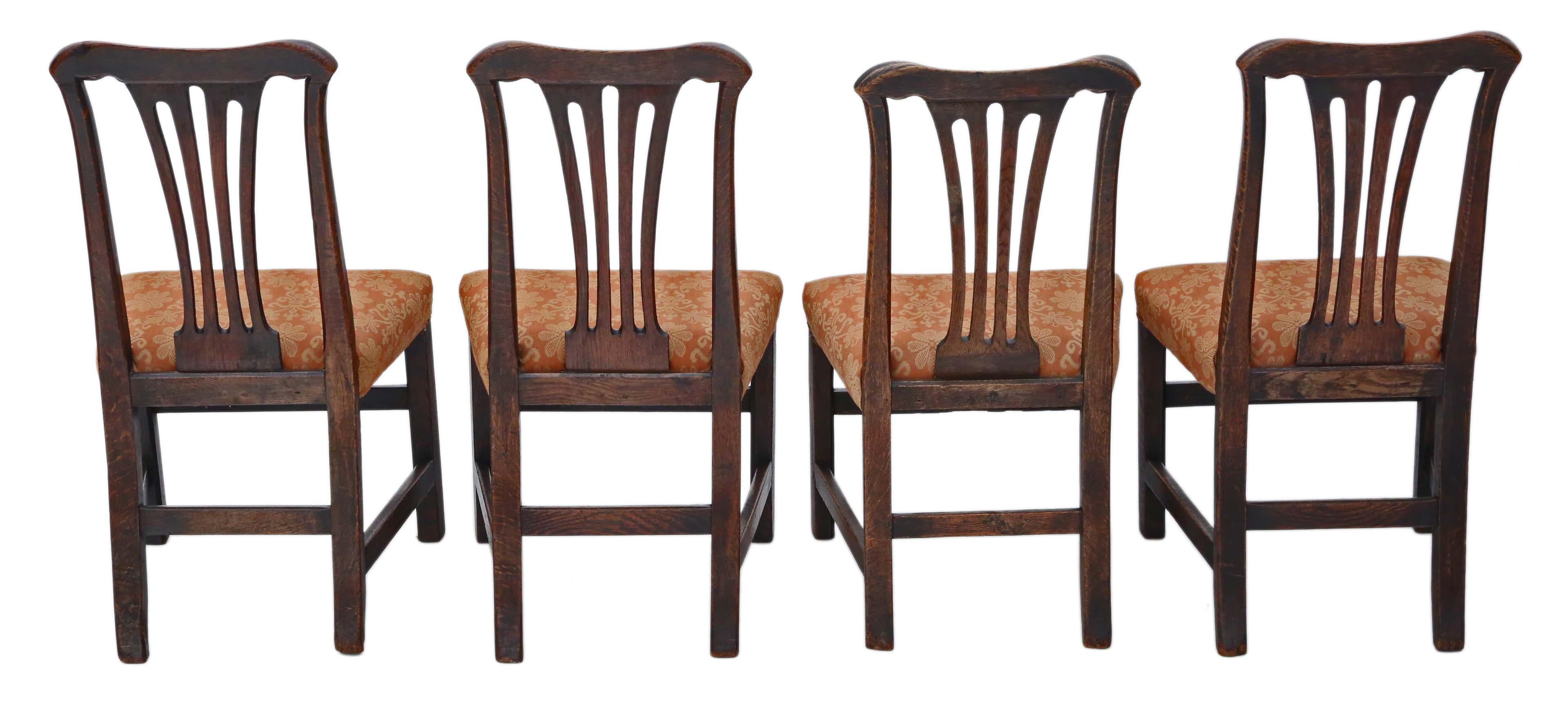 Antique quality set of 4 Georgian oak dining chairs, circa 1800.
Solid, heavy and strong with no loose joints. Lovely simple elegant design.
Recent upholstery with only minor signs of use, no major marks. If required, we can get chairs, such as