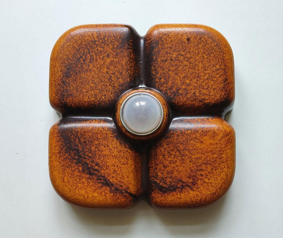 Wonderful set of four sculptural ceramic flush mounts for wall or ceiling.
Germany, 1960s.
Lamp sockets: One E27 (US E26).
 
  