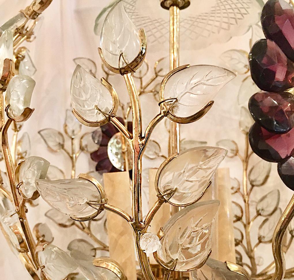 Mid-20th Century Set of 4 Gilt Lanterns with Glass Leaves and Amethyst Flowers. Sold Individually For Sale