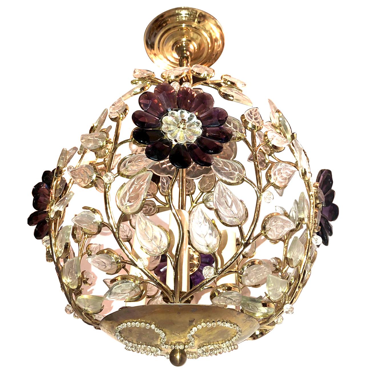 Set of 4 Gilt Lanterns with Glass Leaves and Amethyst Flowers. Sold Individually For Sale