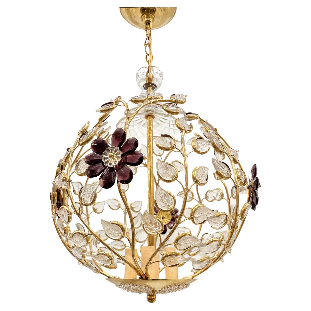 Set of 4 Gilt Lanterns with Glass Leaves and Amethyst Flowers. Sold Individually For Sale