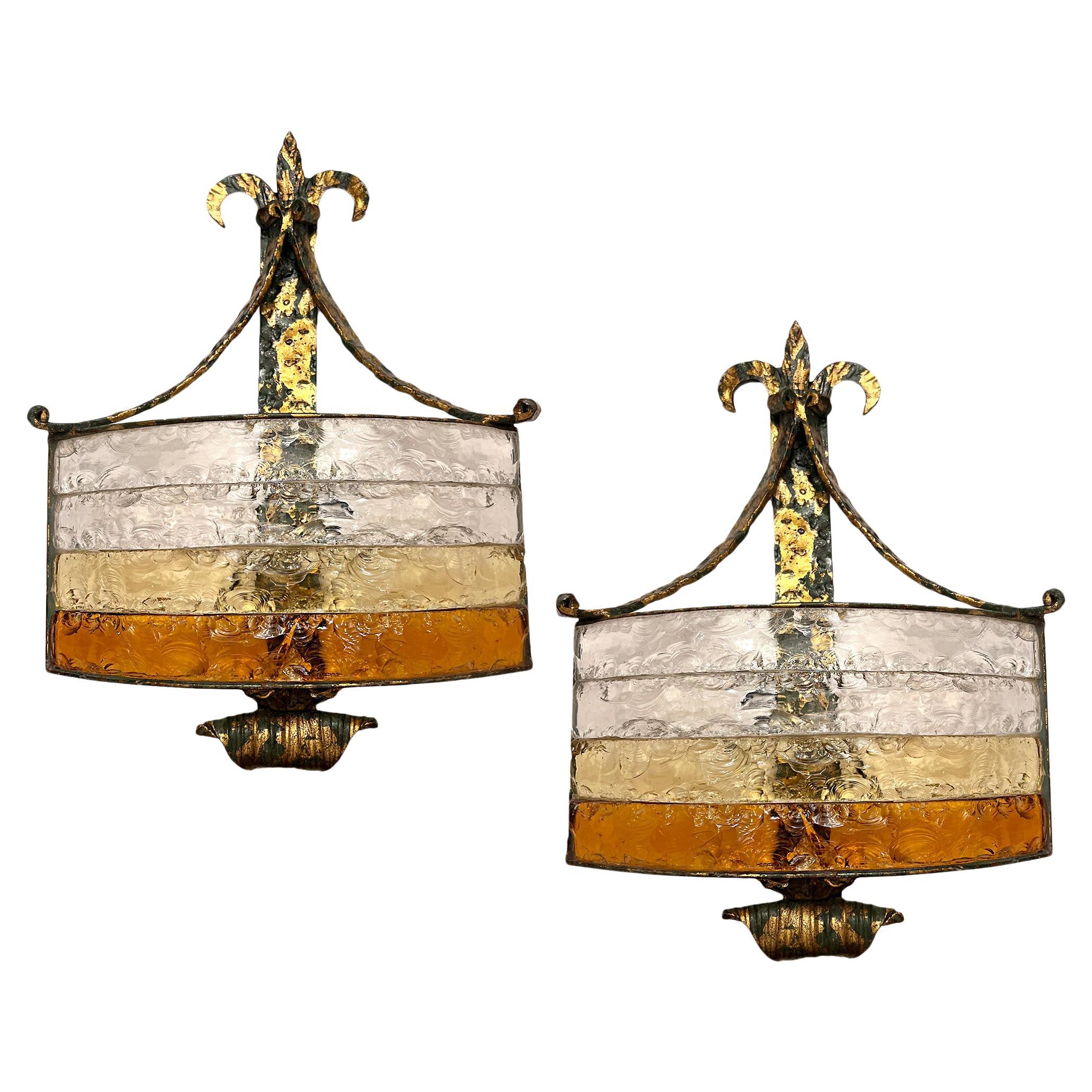 Set di 4 applique dorate con vetro, vendute a coppia