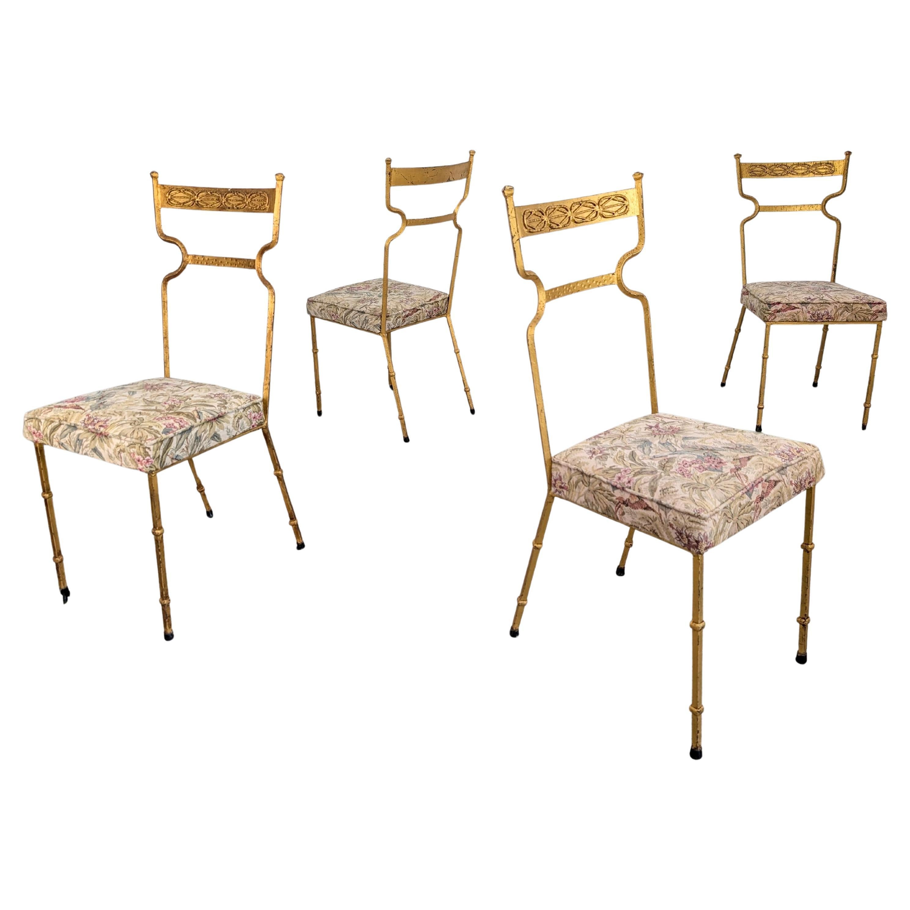 Set di 4 sedie in ferro battuto dorato con rivestimento floreale, anni '80 in vendita