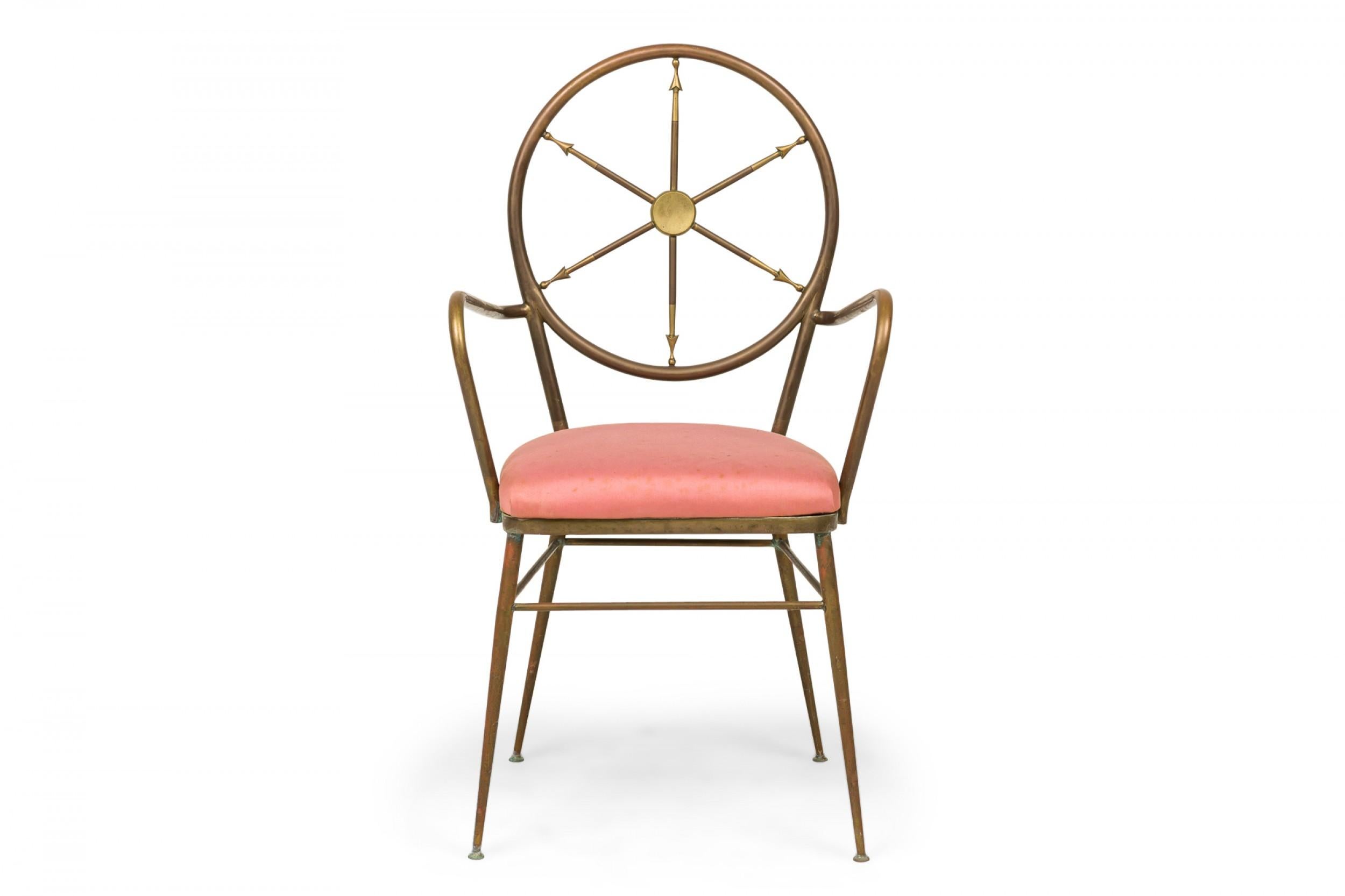 Set of 4 Italian Mid-Century dining chairs (2 armchairs, 2 side chairs) with brass frames featuring ship's wheel design backs and rose pink fabric upholstered slip seats. (GIO PONTI)(PRICED AS SET).
