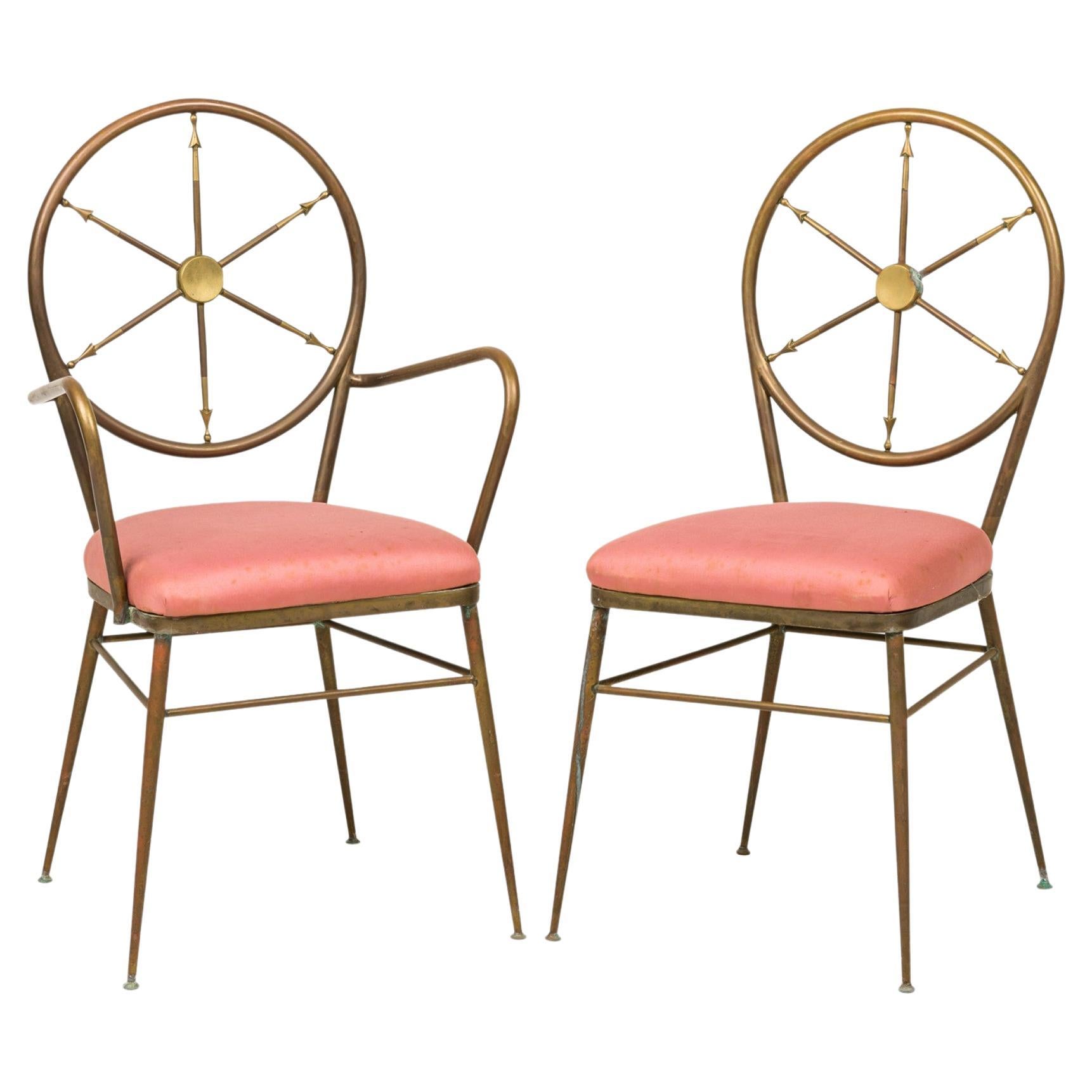 Set of 4 Gio Ponti Italian Mid-Century Ships Wheel Brass Frame Chairs For Sale