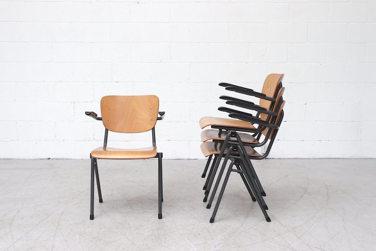 Set of 4 Gispen Style Plywood Stacking School Chairs with Arm Rests For