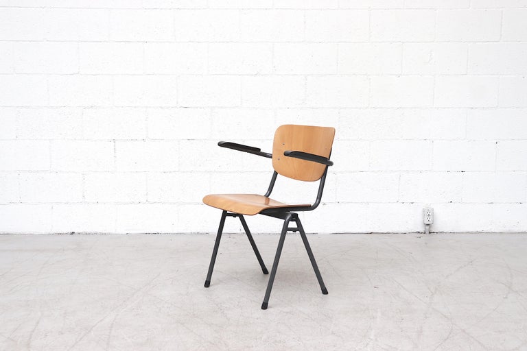 Set of 4 Gispen Style Plywood Stacking School Chairs with Arm Rests For
