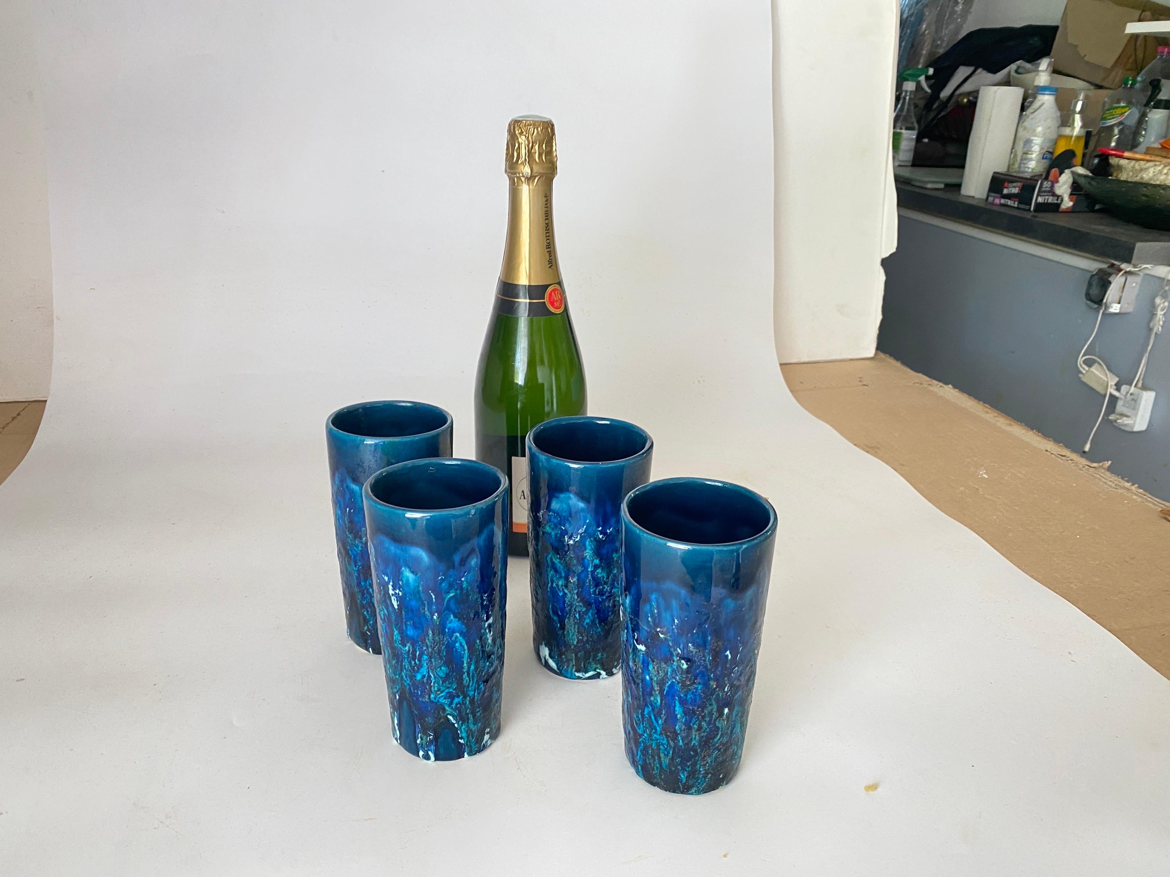 Set of 4 Glasses in Ceramic Blue Color Italy 1960 Bistosi Style  For Sale 1