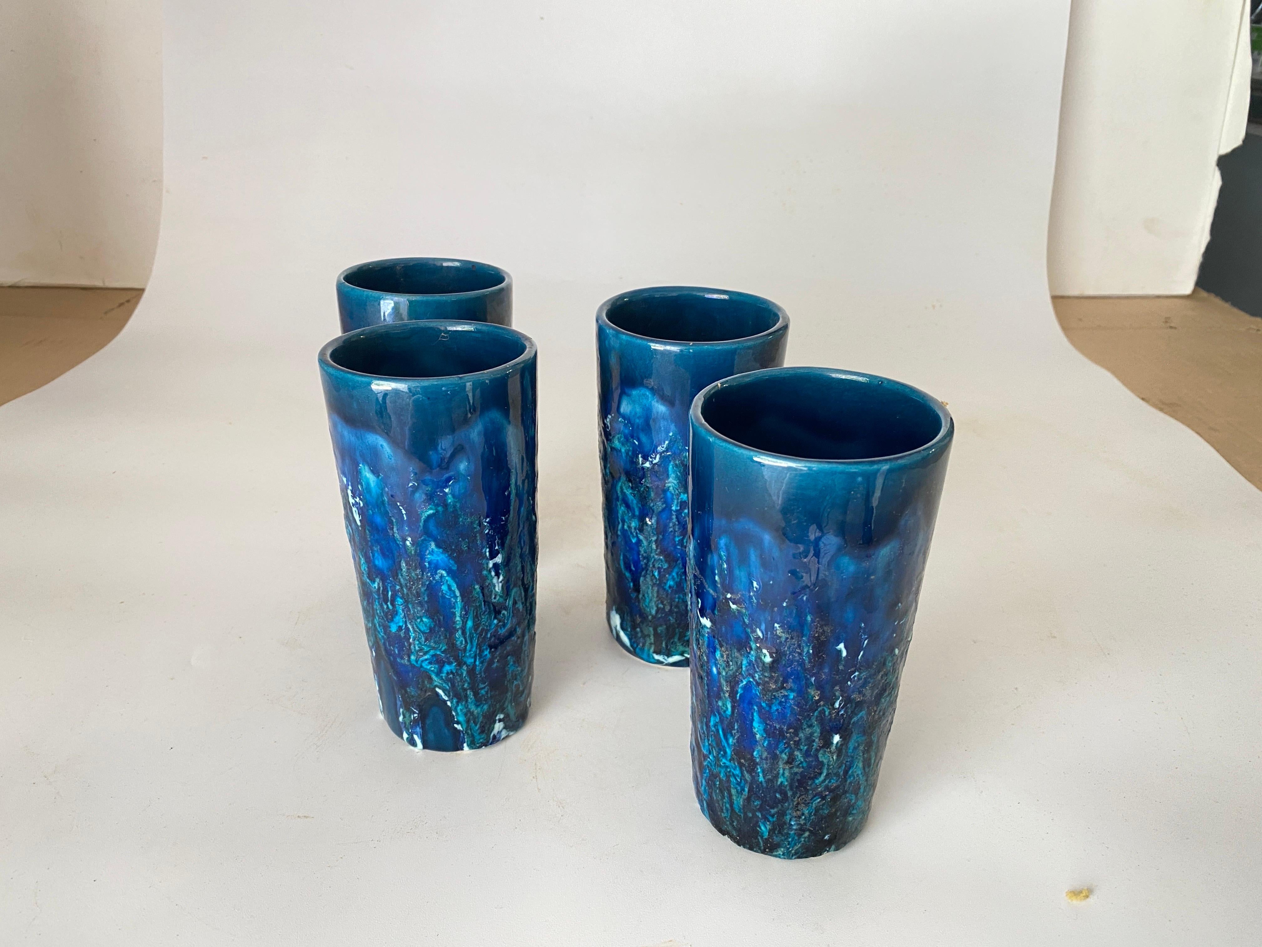 Set of 4 Glasses in Ceramic Blue Color Italy 1960 Bistosi Style  For Sale 2