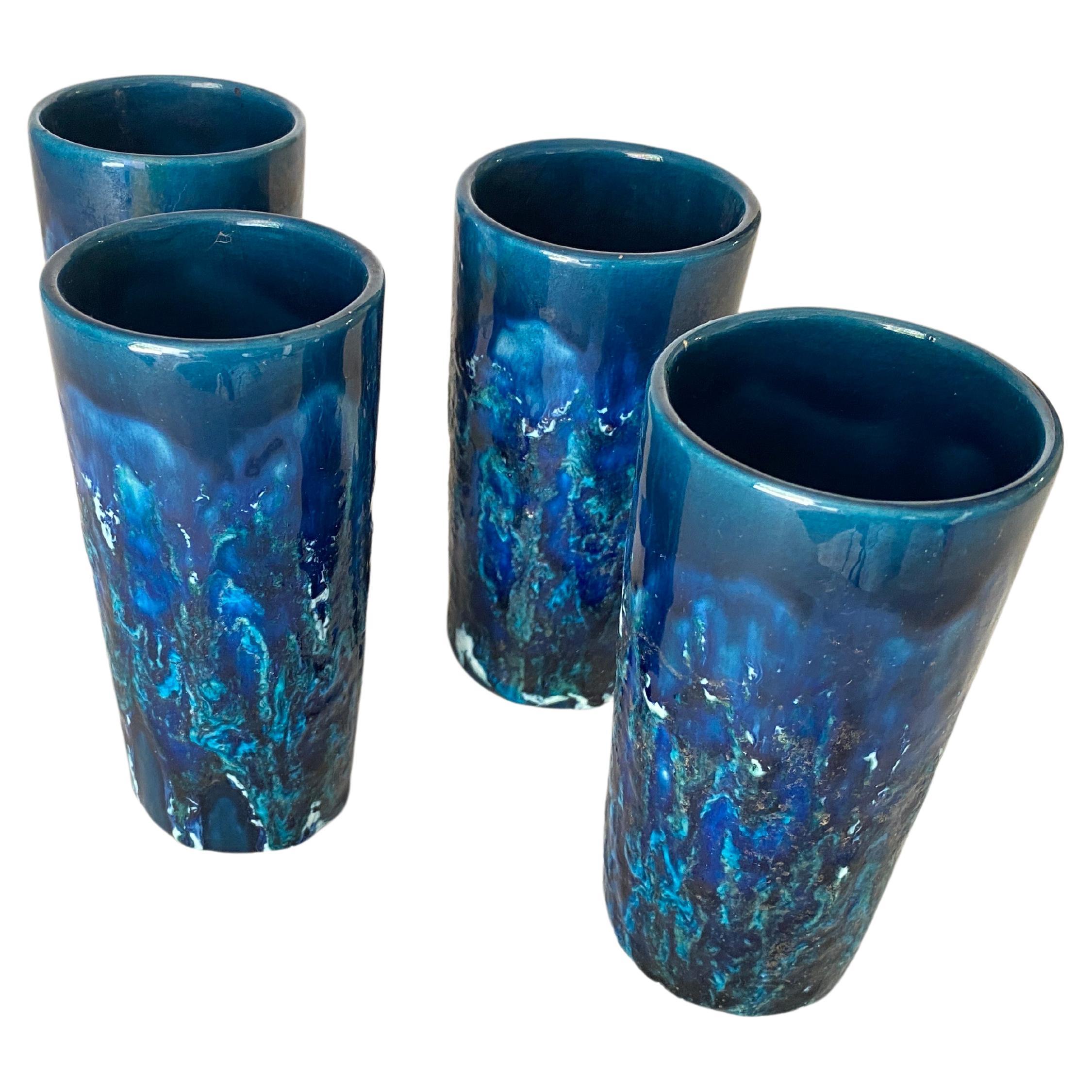Set of 4 Glasses in Ceramic Blue Color Italy 1960 Bistosi Style  For Sale