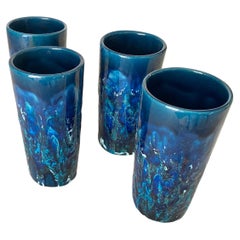 Vintage Set of 4 Glasses in Ceramic Blue Color Italy 1960 Bistosi Style 