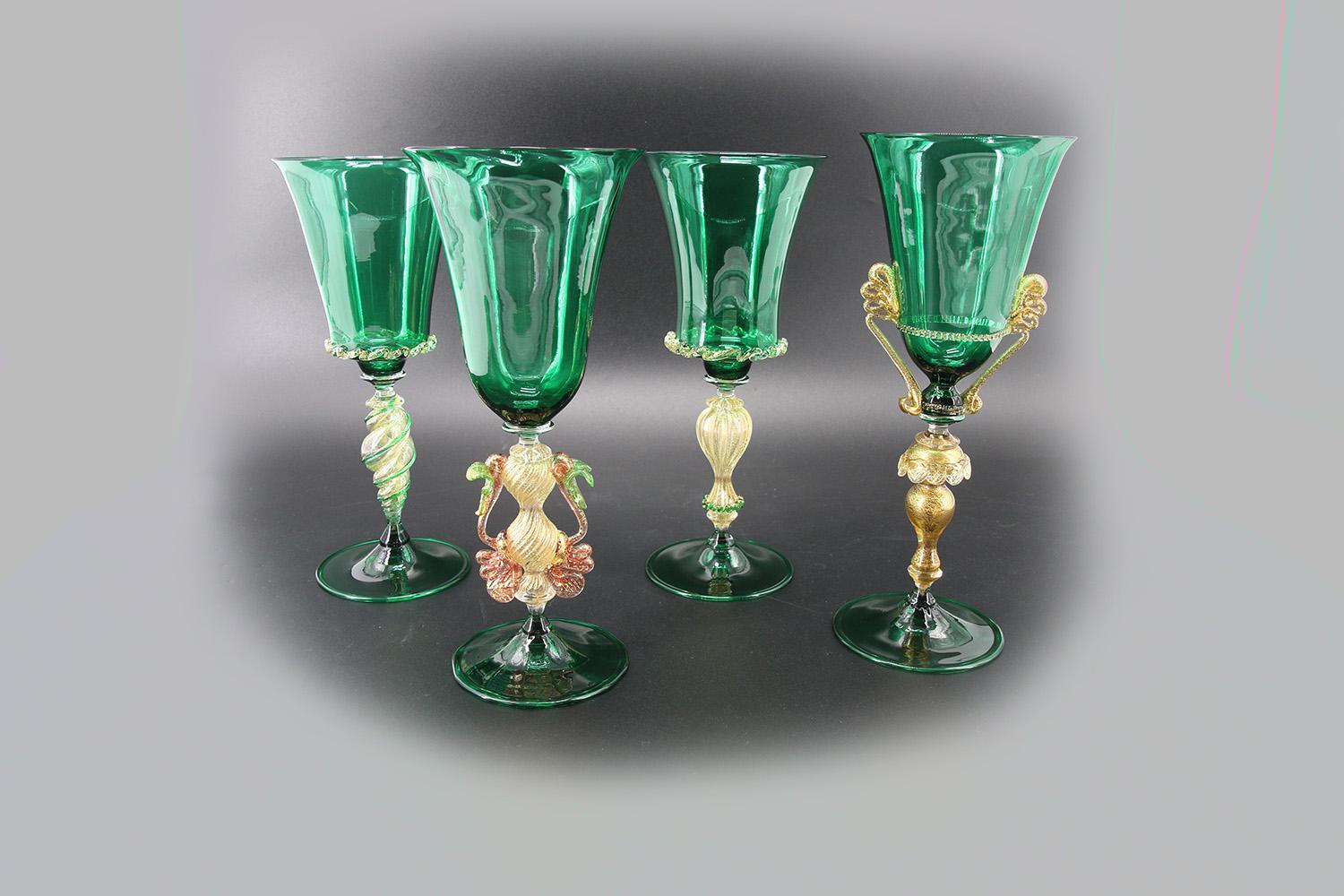 Contemporary Set of 4 Goblets, Handmade in Murano Art Glass, Collectible and Rare For Sale