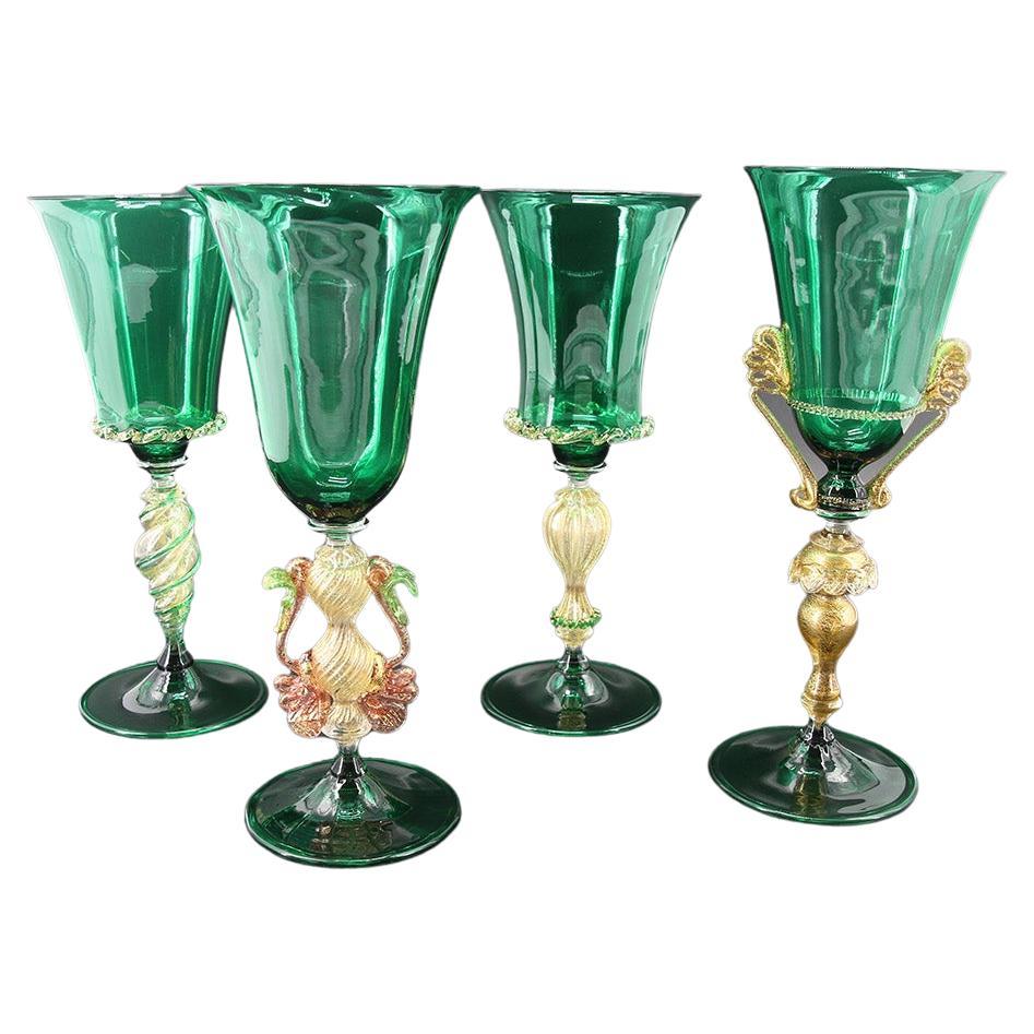 Set of 4 Goblets, Handmade in Murano Art Glass, Collectible and Rare For Sale