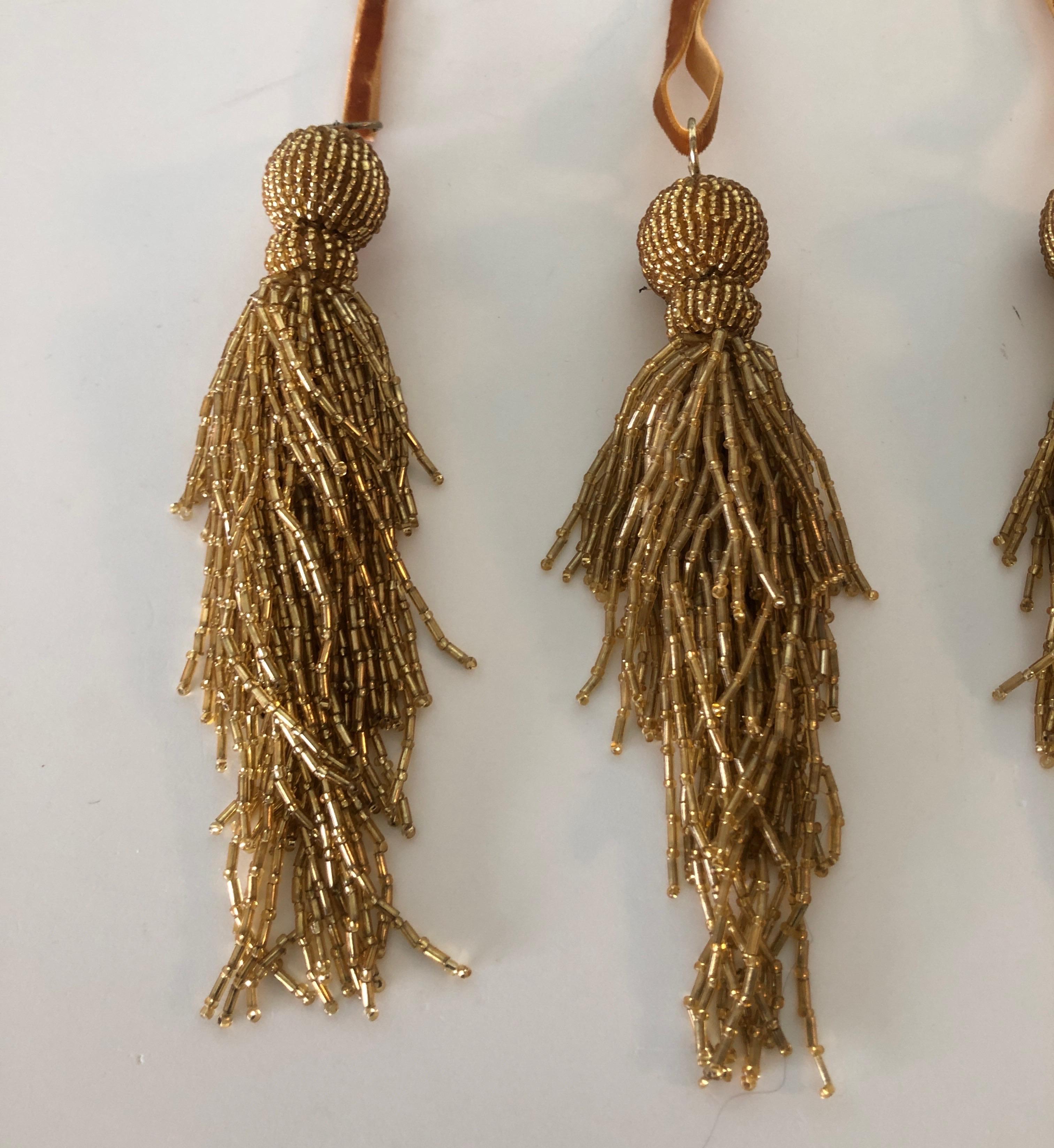 Regency Set of '4' Gold Beads Holiday Tassels with a Faux Suede Hanger
