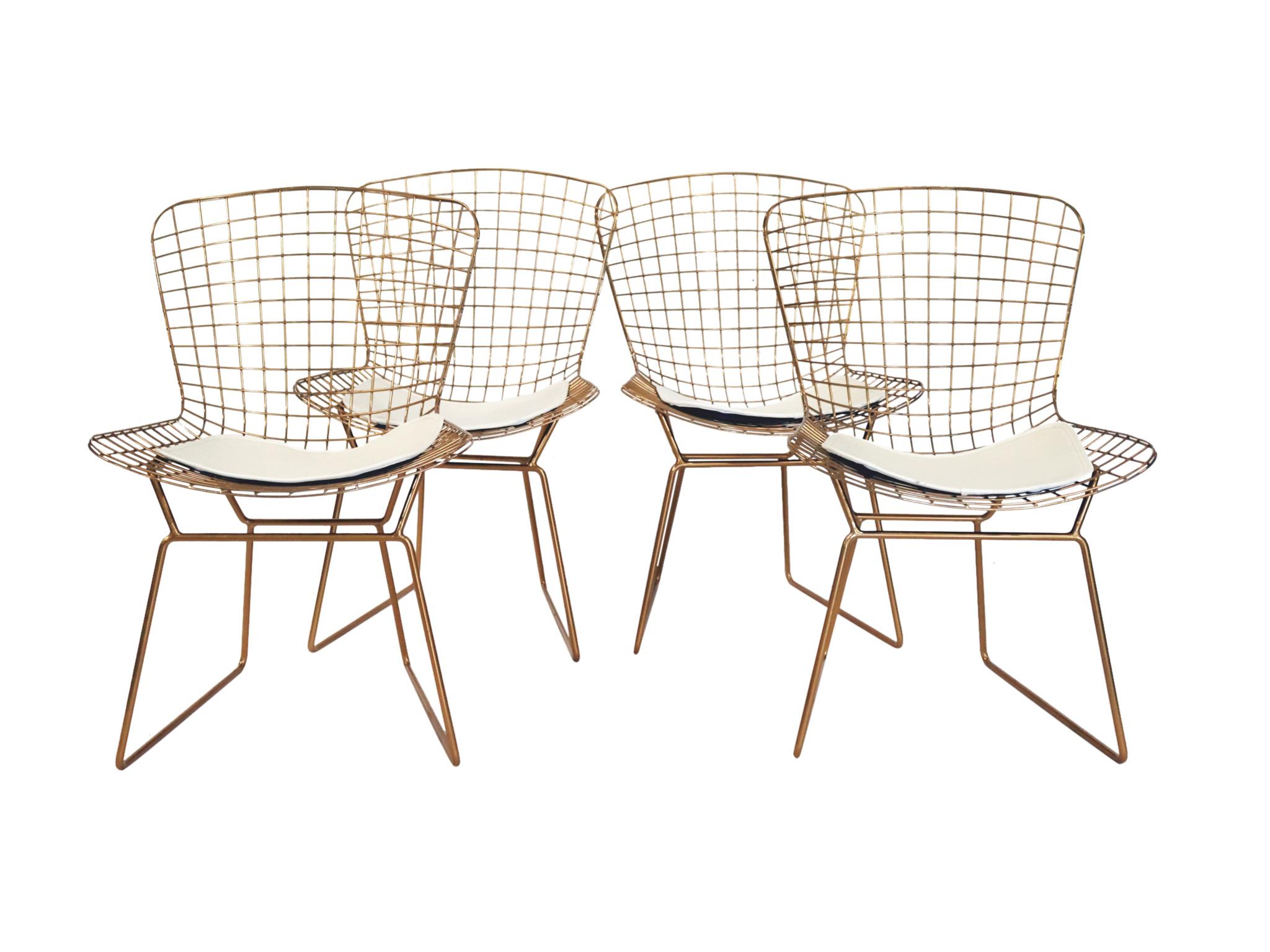 Mid-Century Modern Set of 4 Gold Chrome Side Chairs in the Style of Harry Bertoia