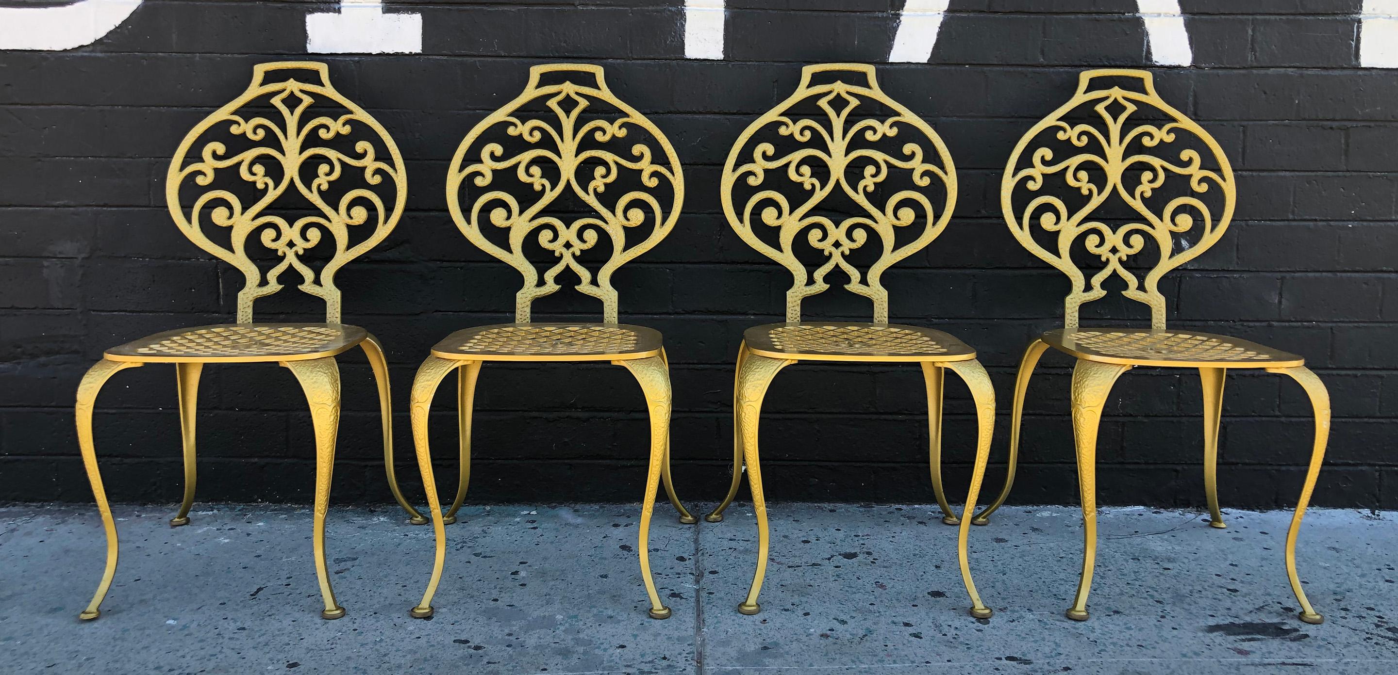 Hollywood Regency Set of 4 Gold Leafed Thinline Mfg Dining Chairs For Sale