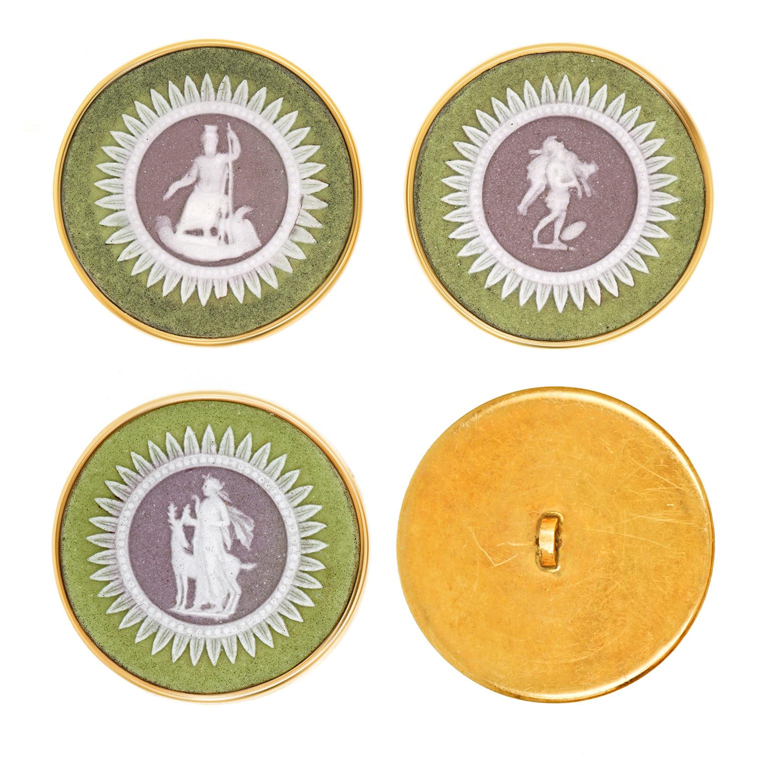 Circa 1860s, 14k, by Wedgewood, England.  These exceptionally-hued 19th-century Parian buttons by Wedgwood are beautifully mounted in heavy 14k gold (most likely in the 1950s). Very good condition.  Tiny loss on one petal noted, hard to
