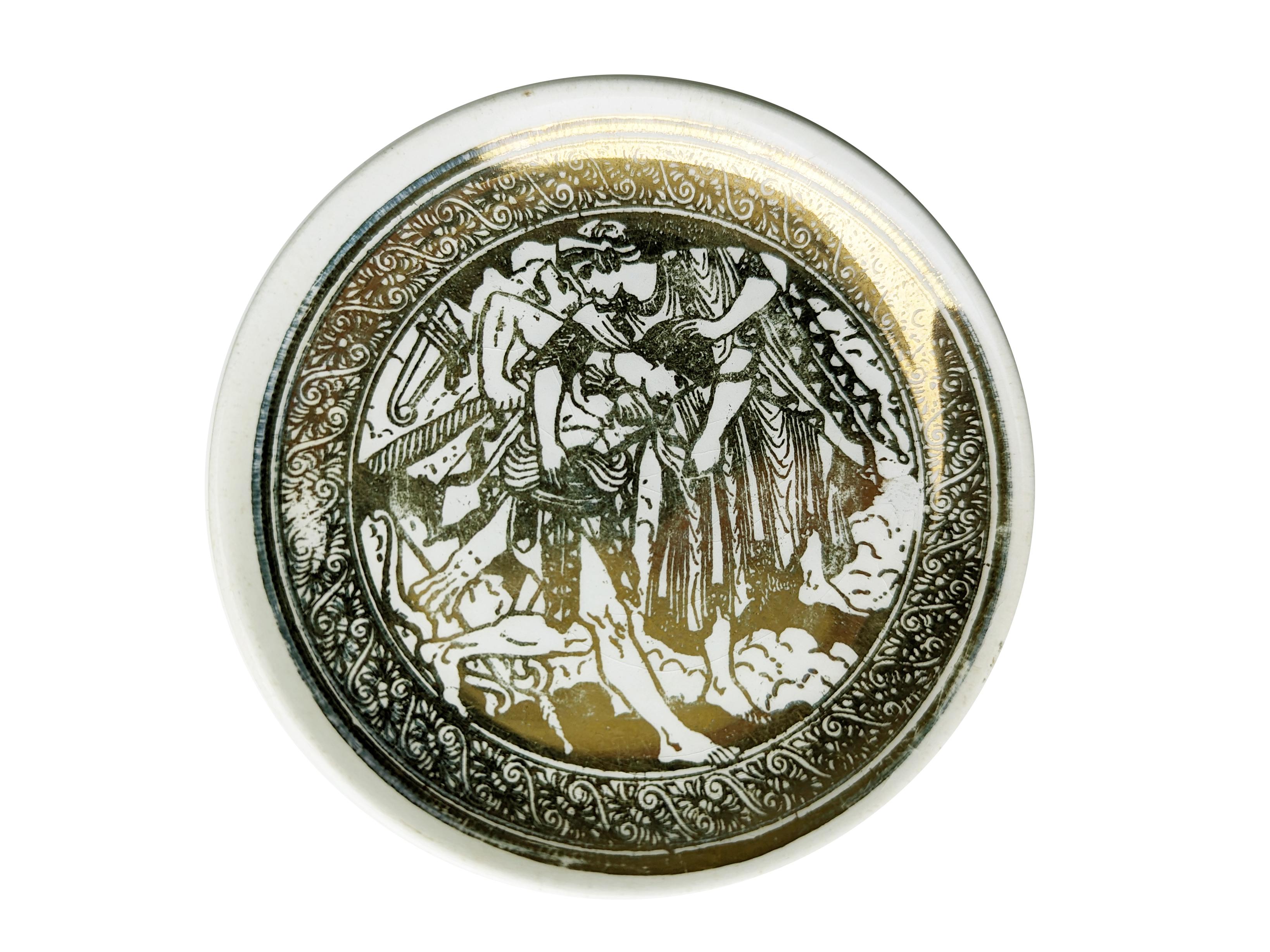 Mid-Century Modern Set of 4 Golden & White Ceramic Small Coaster, Fornasetti Mitologia Series For Sale