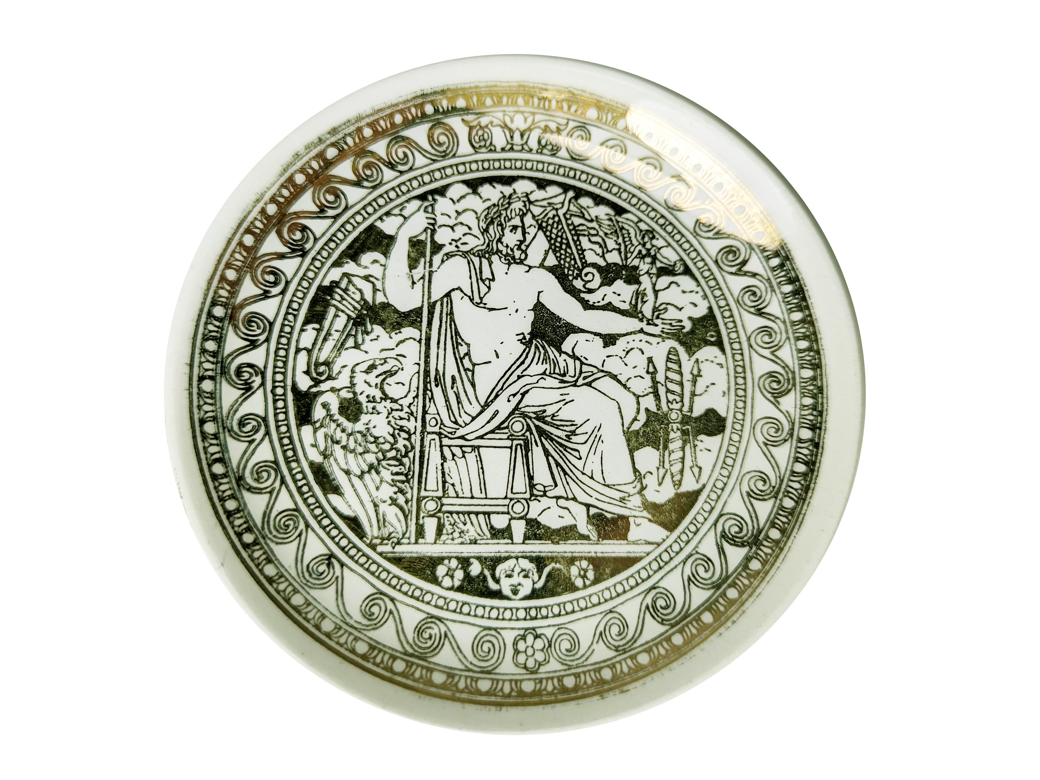 Italian Set of 4 Golden & White Ceramic Small Coaster, Fornasetti Mitologia Series For Sale