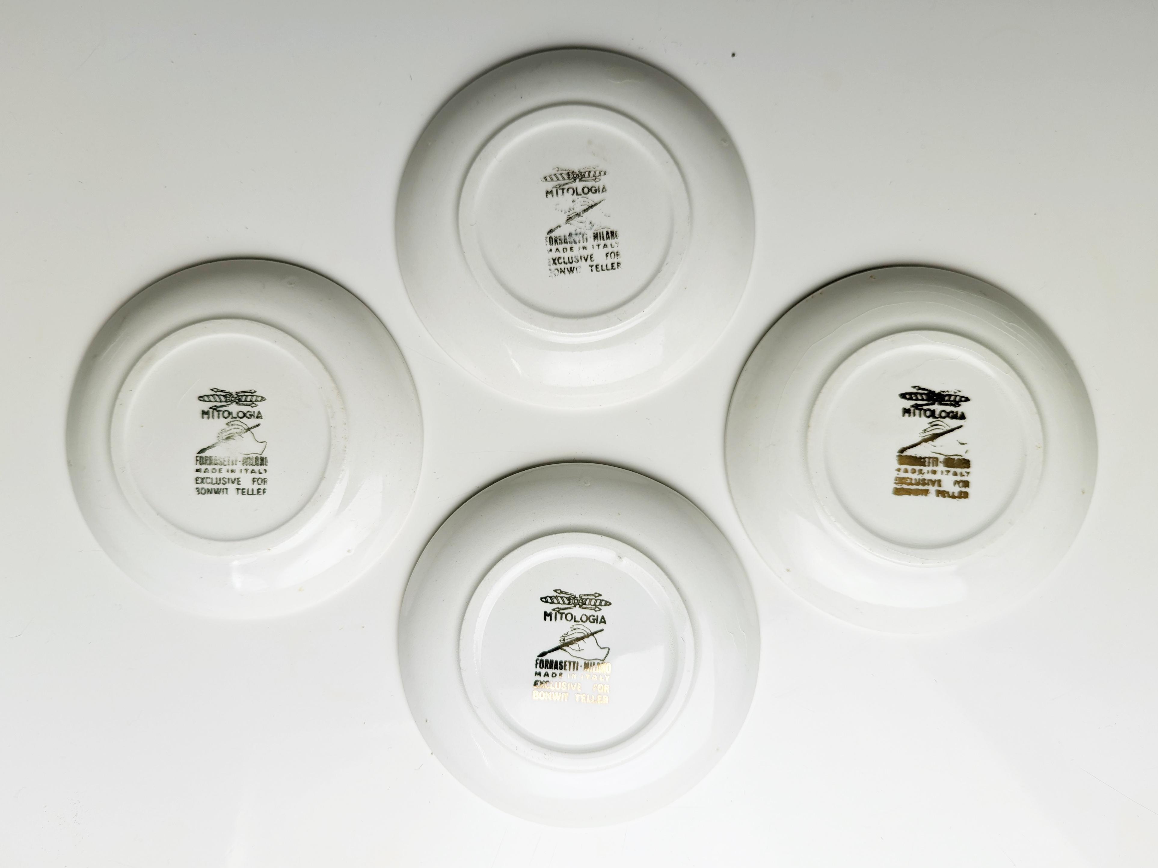 Gold Plate Set of 4 Golden & White Ceramic Small Coaster, Fornasetti Mitologia Series For Sale