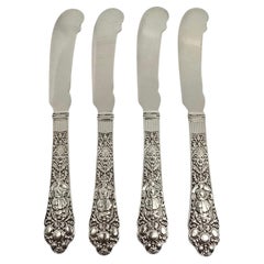 Set von 4 Gorham Medici Flachenmessern aus altem Sterlingsilber mit flachem Griff 6,5" Mono 18821