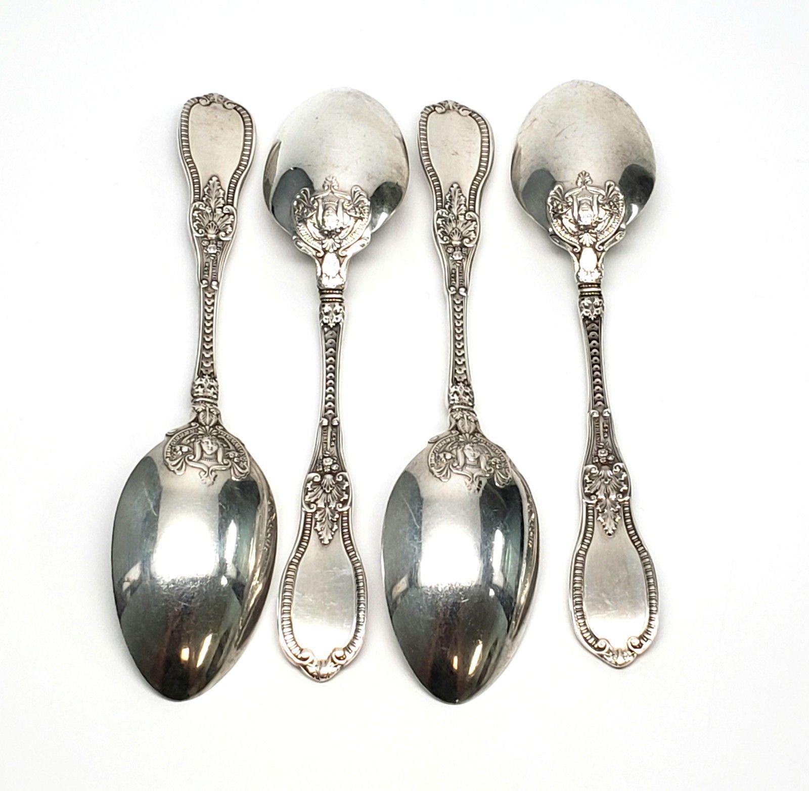 Set of 4 Gorham Mythologique sterling silver Teaspoons. Mythologique is a multiple motif pattern, this one is the bead border, with face bowl. No monogram. Measures approx 5 7/8