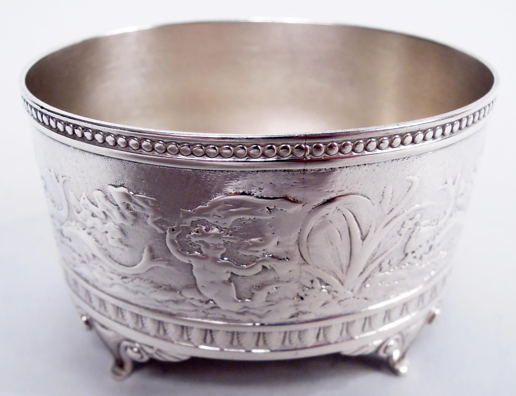 Victorian Set of 4 Gorham Sterling Silver Open Salts in Classical Aurora Pattern, 1873-74 For Sale