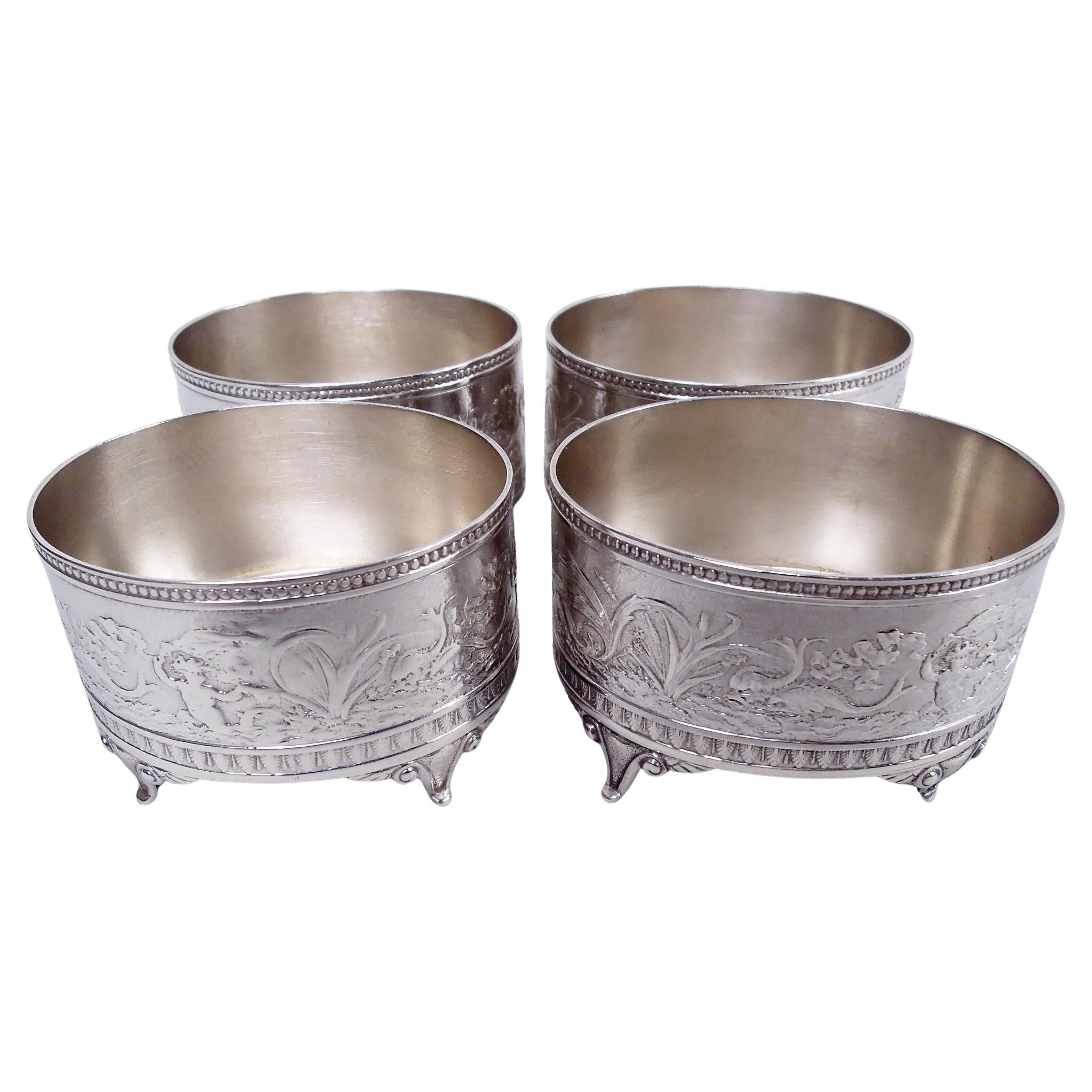 Set of 4 Gorham Sterling Silver Open Salts in Classical Aurora Pattern, 1873-74 For Sale