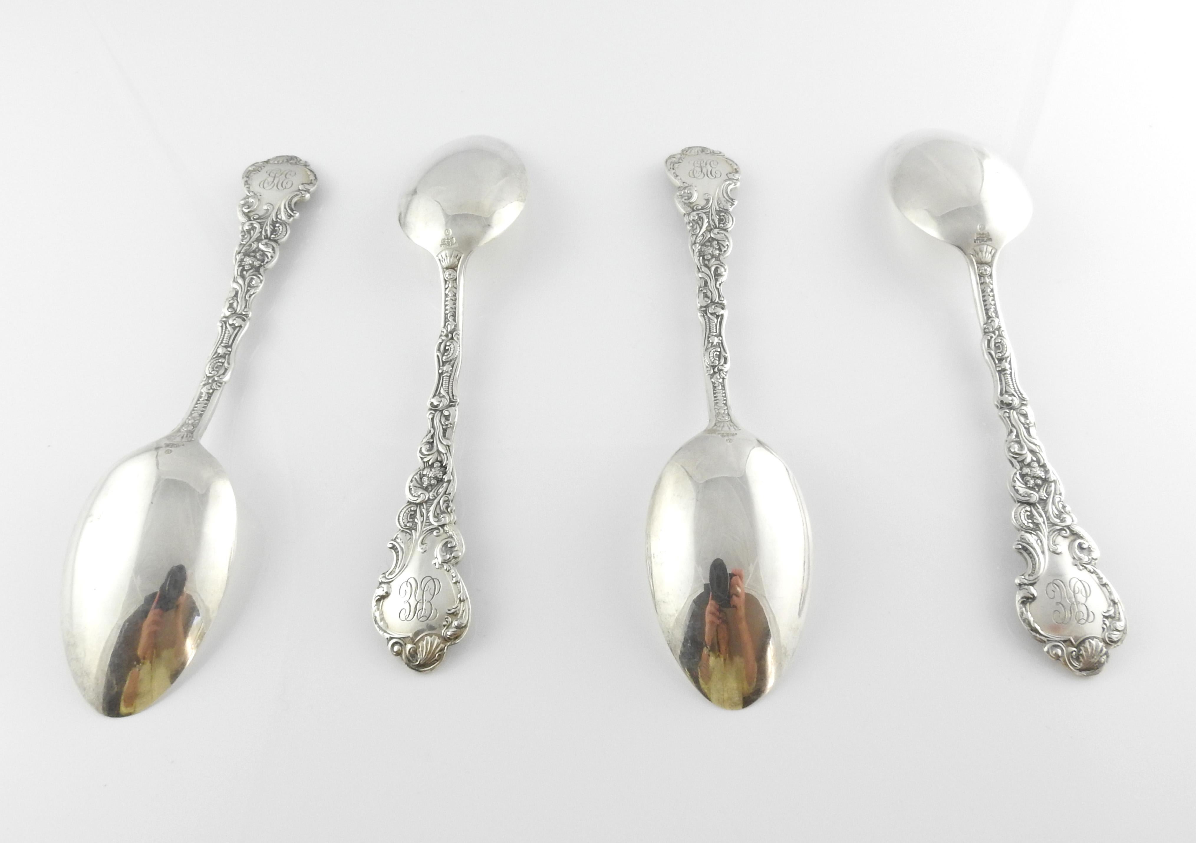 Set of 4 Gorham Versailles sterling silver oval soup/dessert spoons.

Monogram appears to be EKE

Measures approximate: 7 1/8