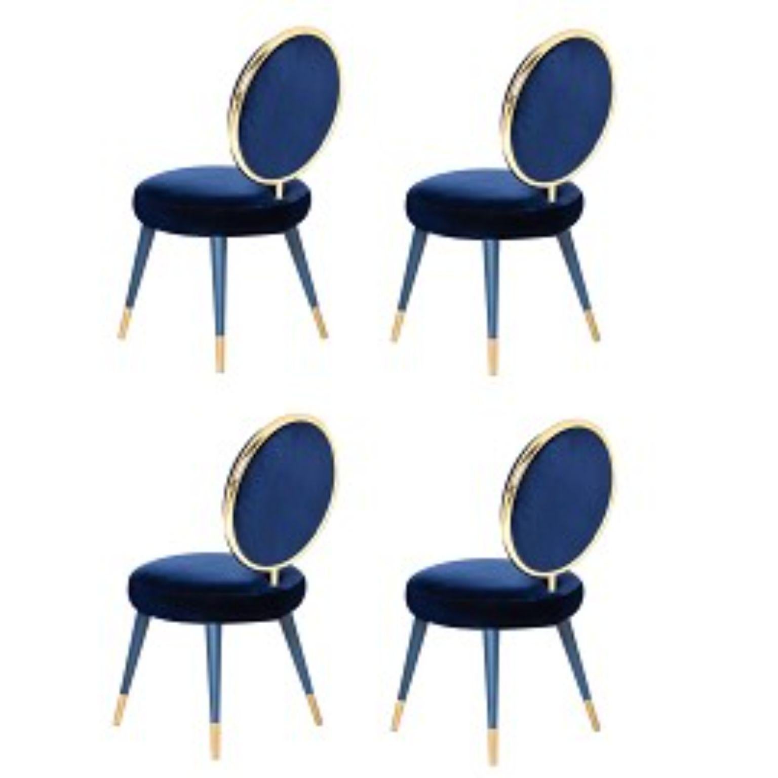 Set of 4 graceful dining chairs, Royal Stranger
Dimensions: 95 x 54 x 54 cm
Materials: Blossom pink velvet upholstery with stainless steel coated in brass frame elevated by lacquered wood legs and brass feet covers.

Available in: mint green,