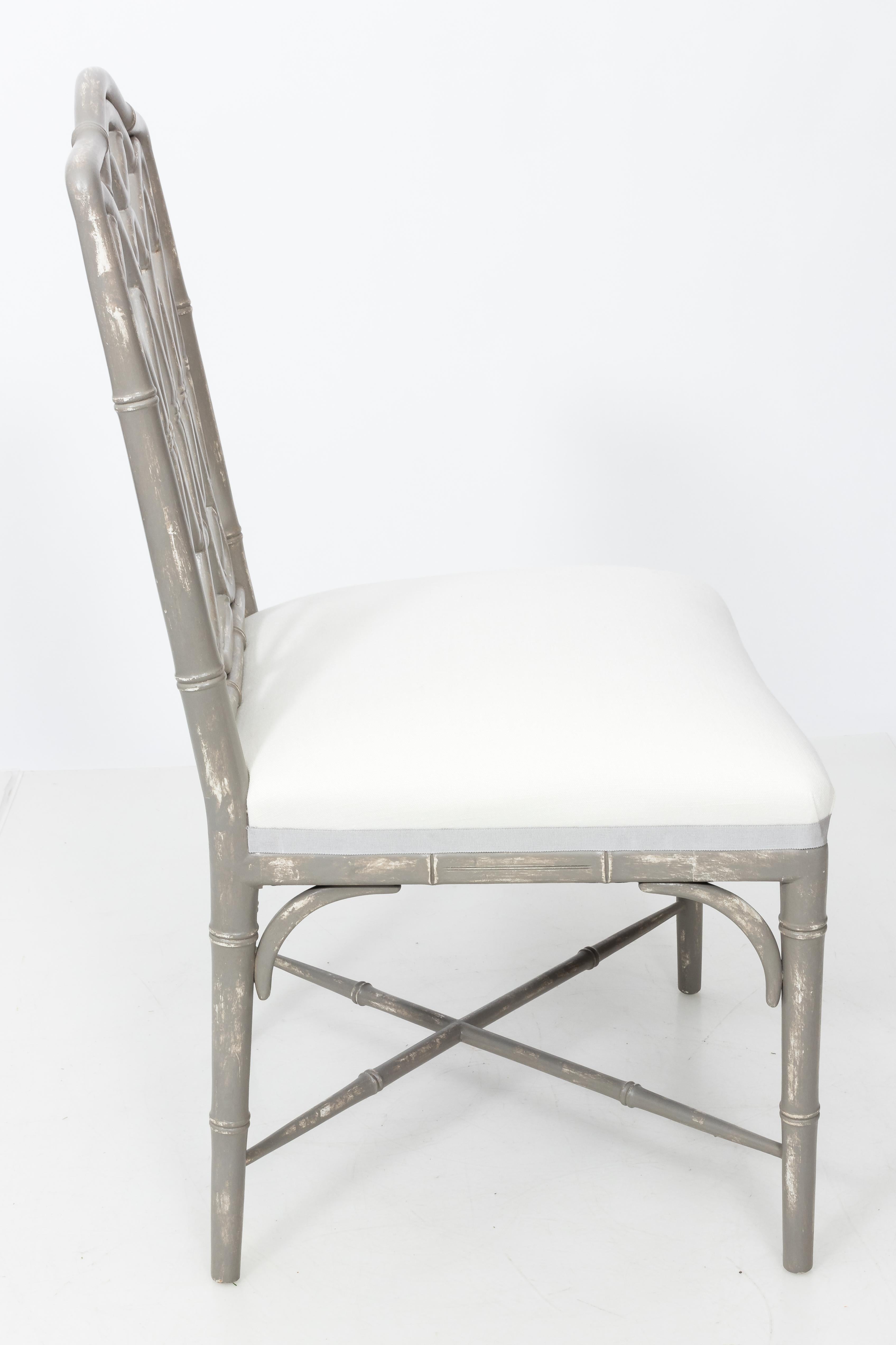 Hand-Painted Faux Bamboo Chinoiserie Gray Painted Dining Chairs, set of 4 For Sale