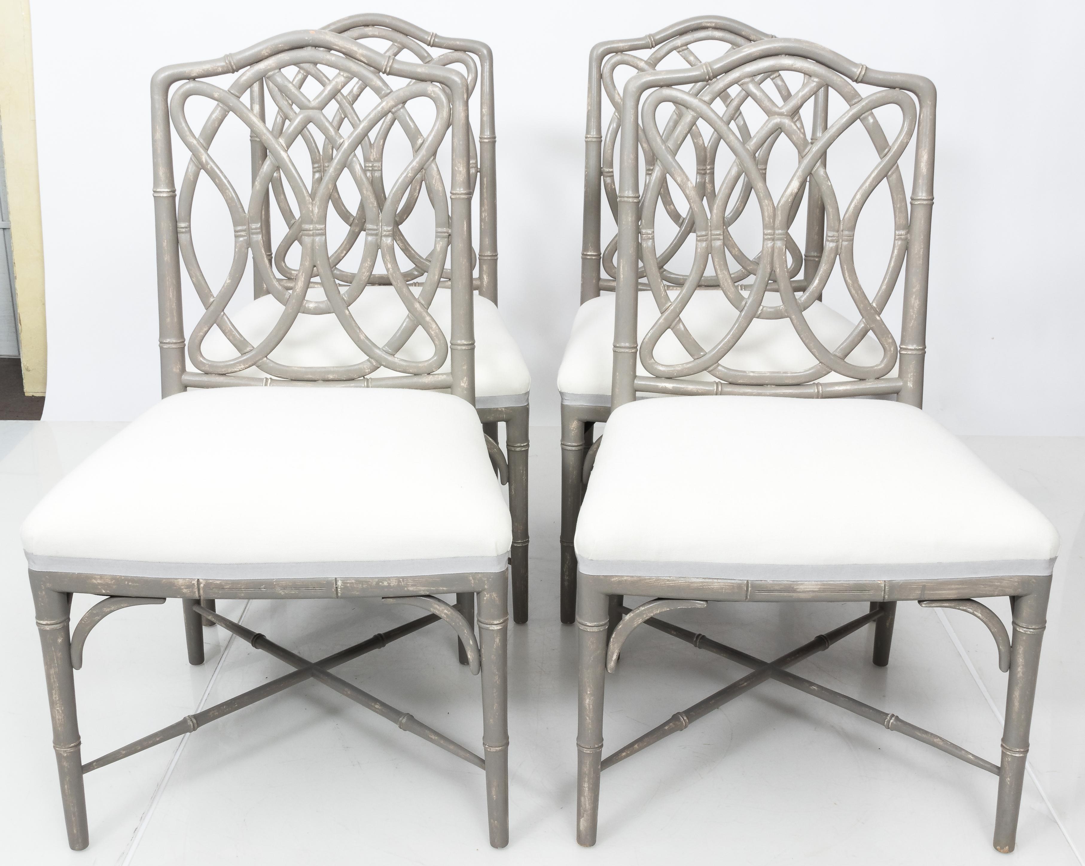 Faux Bamboo Chinoiserie Gray Painted Dining Chairs, set of 4 For Sale 1
