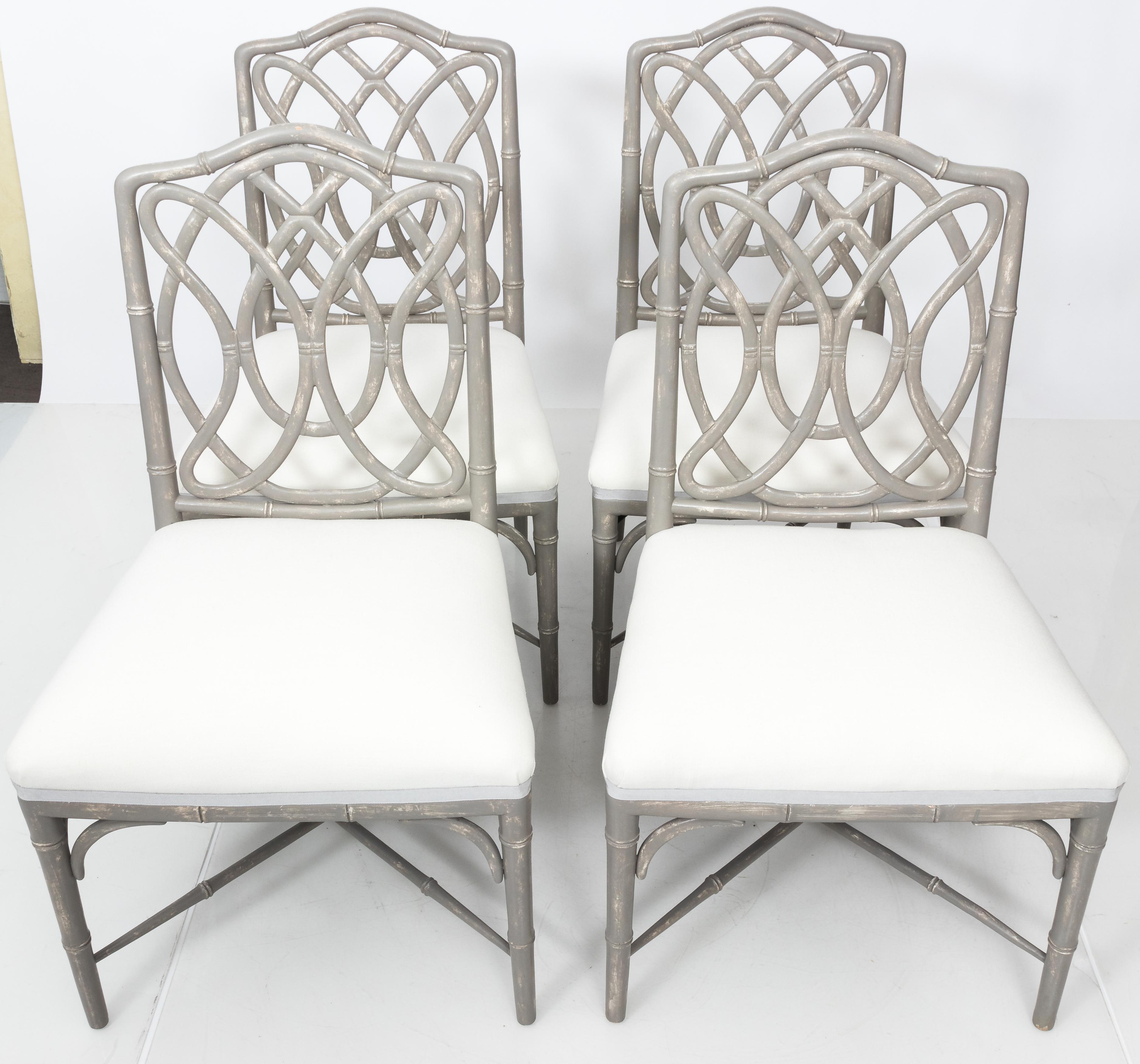 Faux Bamboo Chinoiserie Gray Painted Dining Chairs, set of 4 For Sale 2