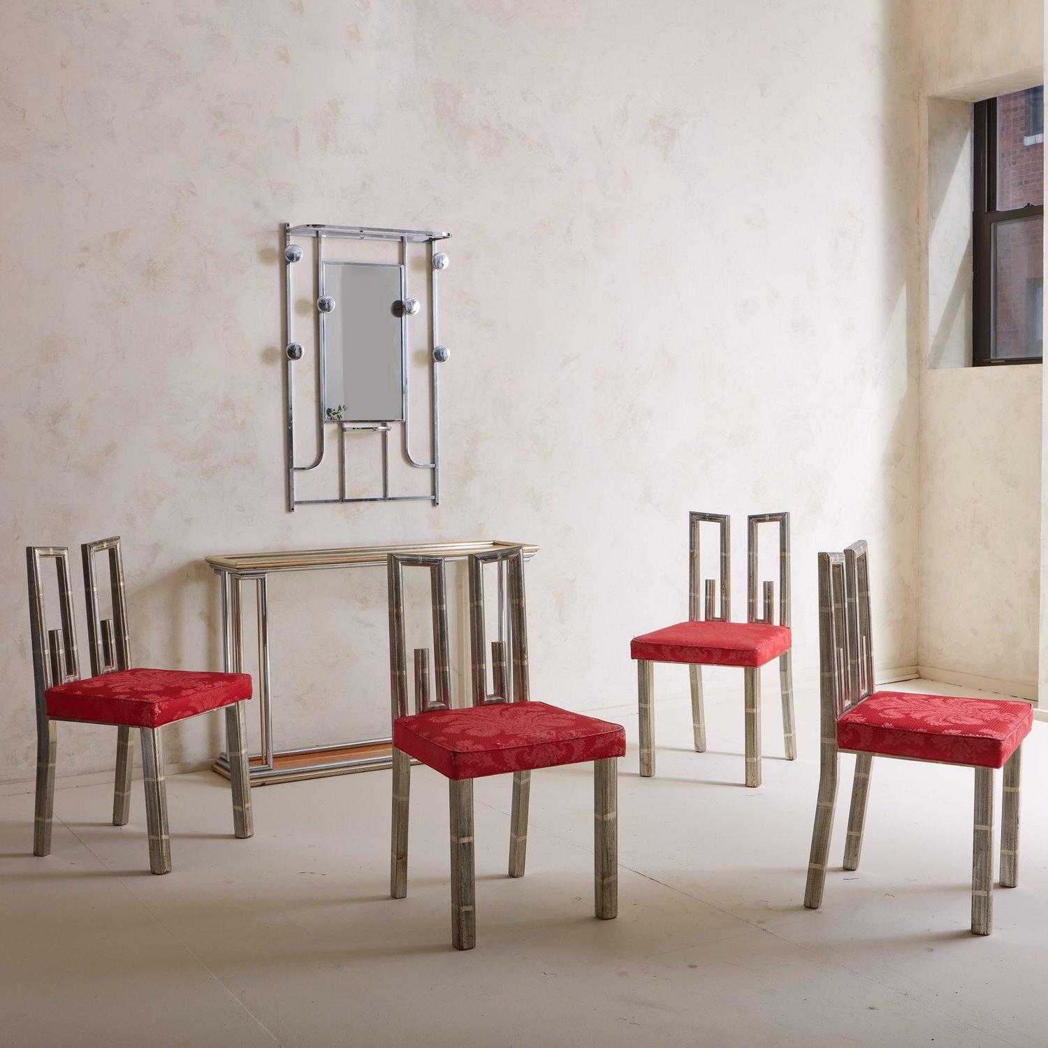 Mid-Century Modern Set of 4 Greek Key Dining Chairs Attributed to James Mont, USA 1950s