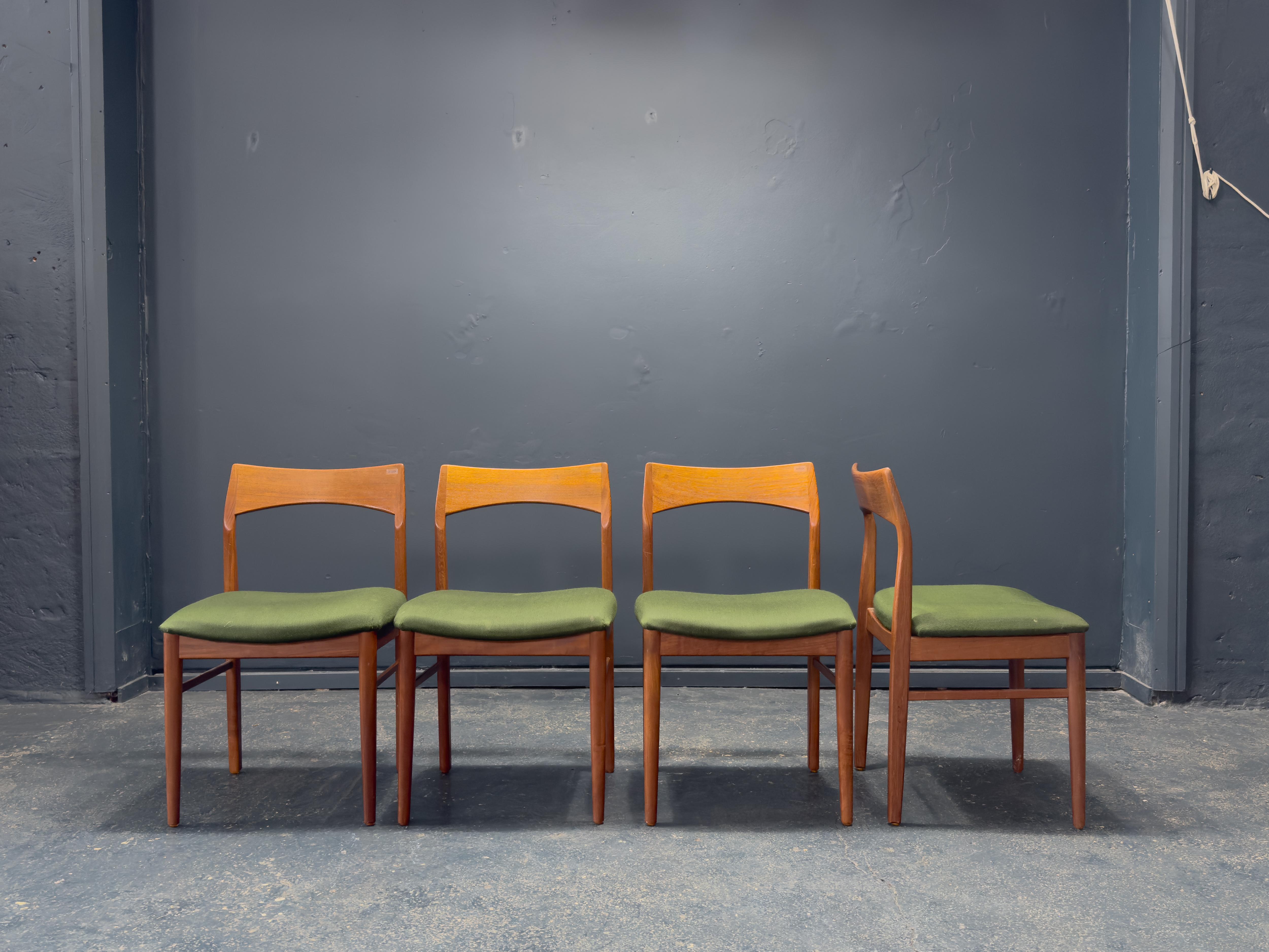 Danish Set of 4 Green and Teak Chairs For Sale