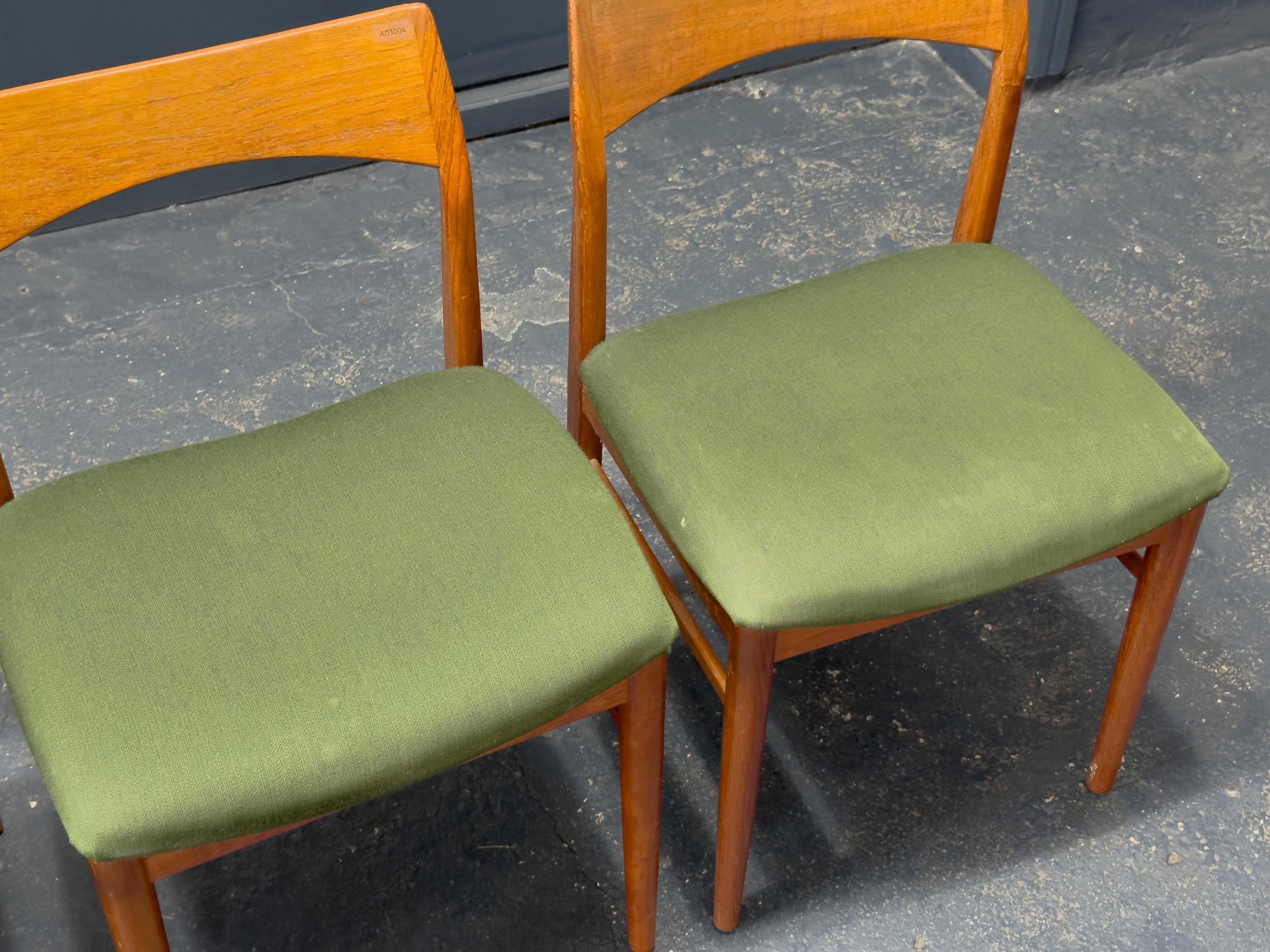Upholstery Set of 4 Green and Teak Chairs For Sale